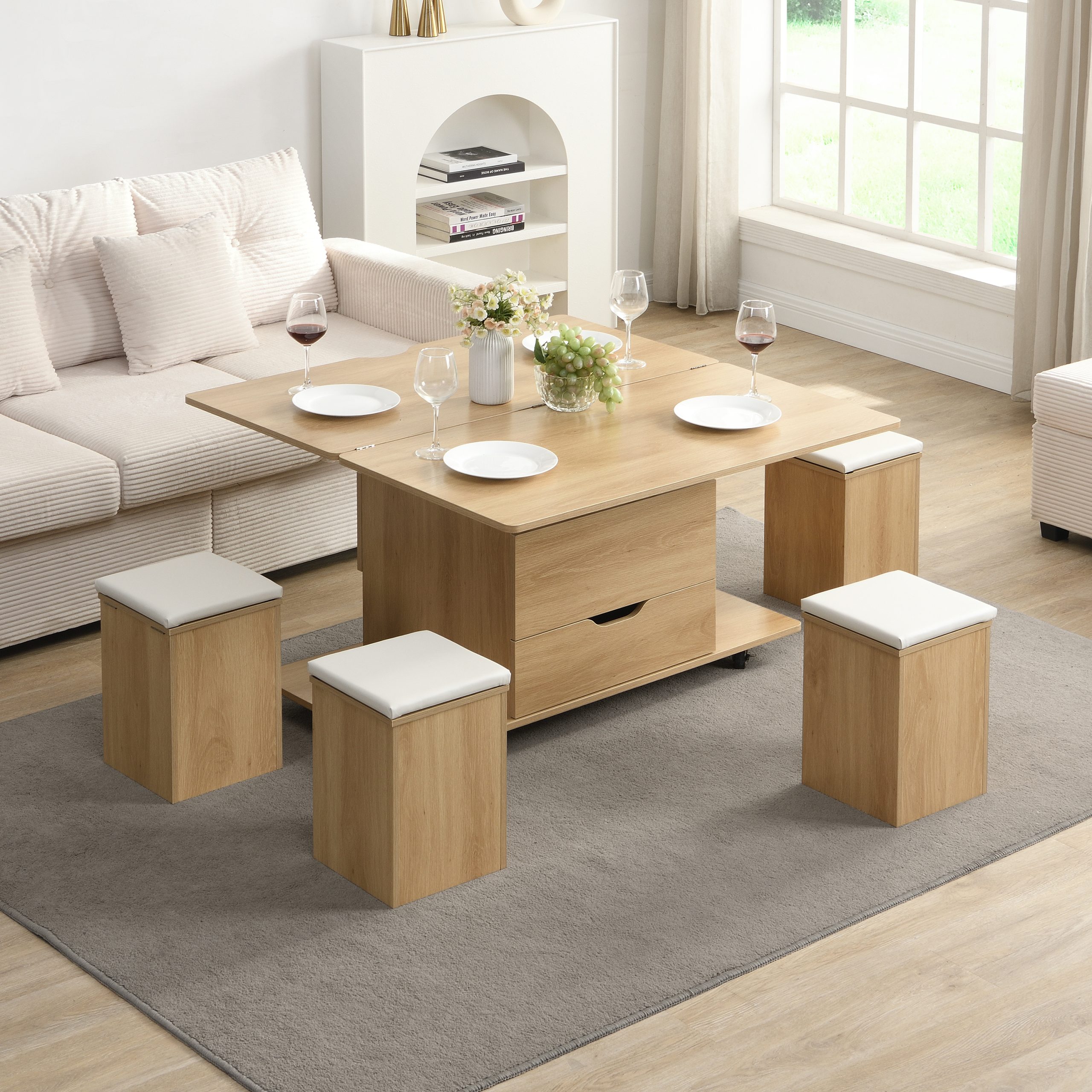 Multi-Functional Lift-Top Coffee Table with Hidden Storage and Stools,Multi-Function Modern Center Table with 4 Stools and Casters,Perfect for Modern Living Spaces-Natural & White Color - Image 5
