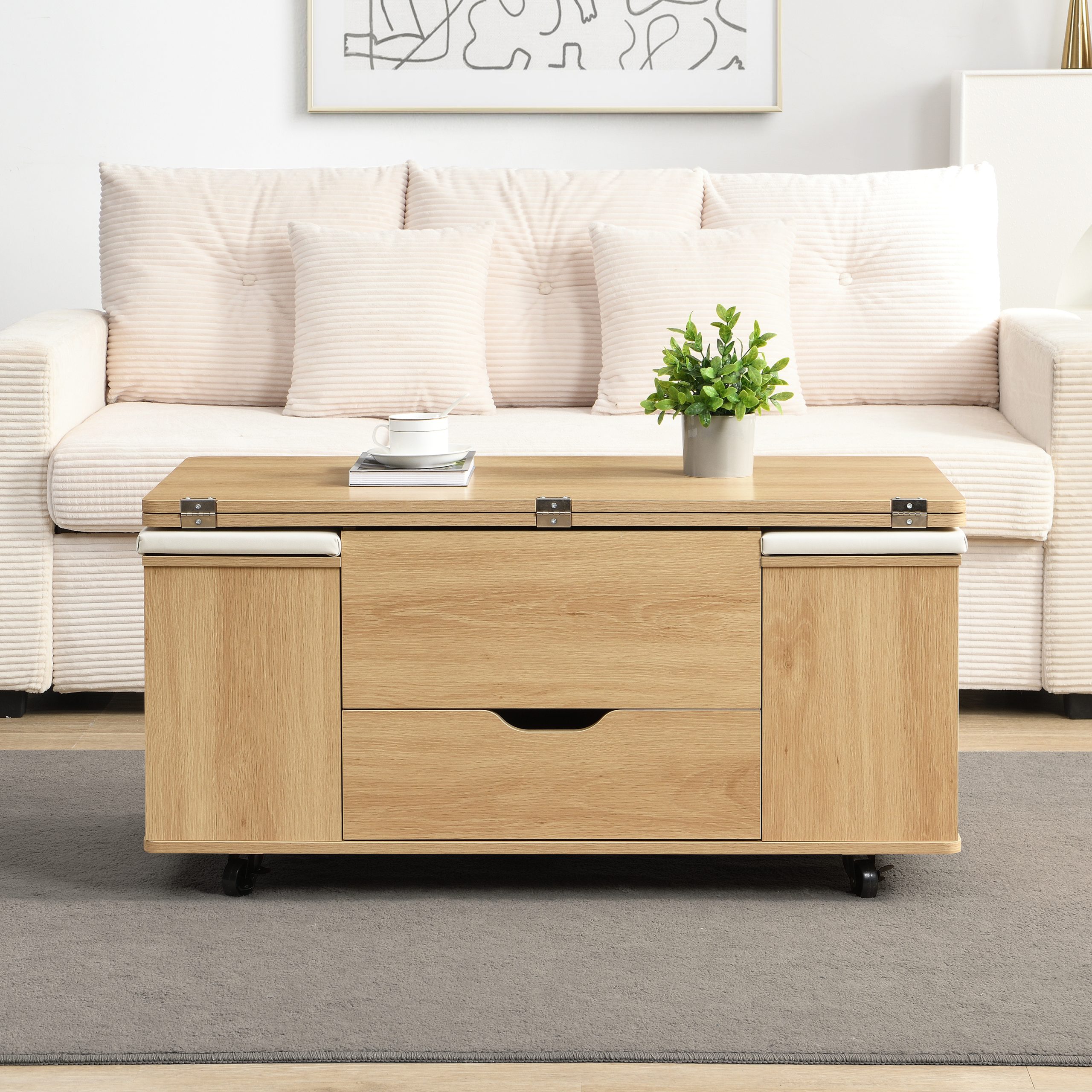 Multi-Functional Lift-Top Coffee Table with Hidden Storage and Stools,Multi-Function Modern Center Table with 4 Stools and Casters,Perfect for Modern Living Spaces-Natural & White Color - Image 6
