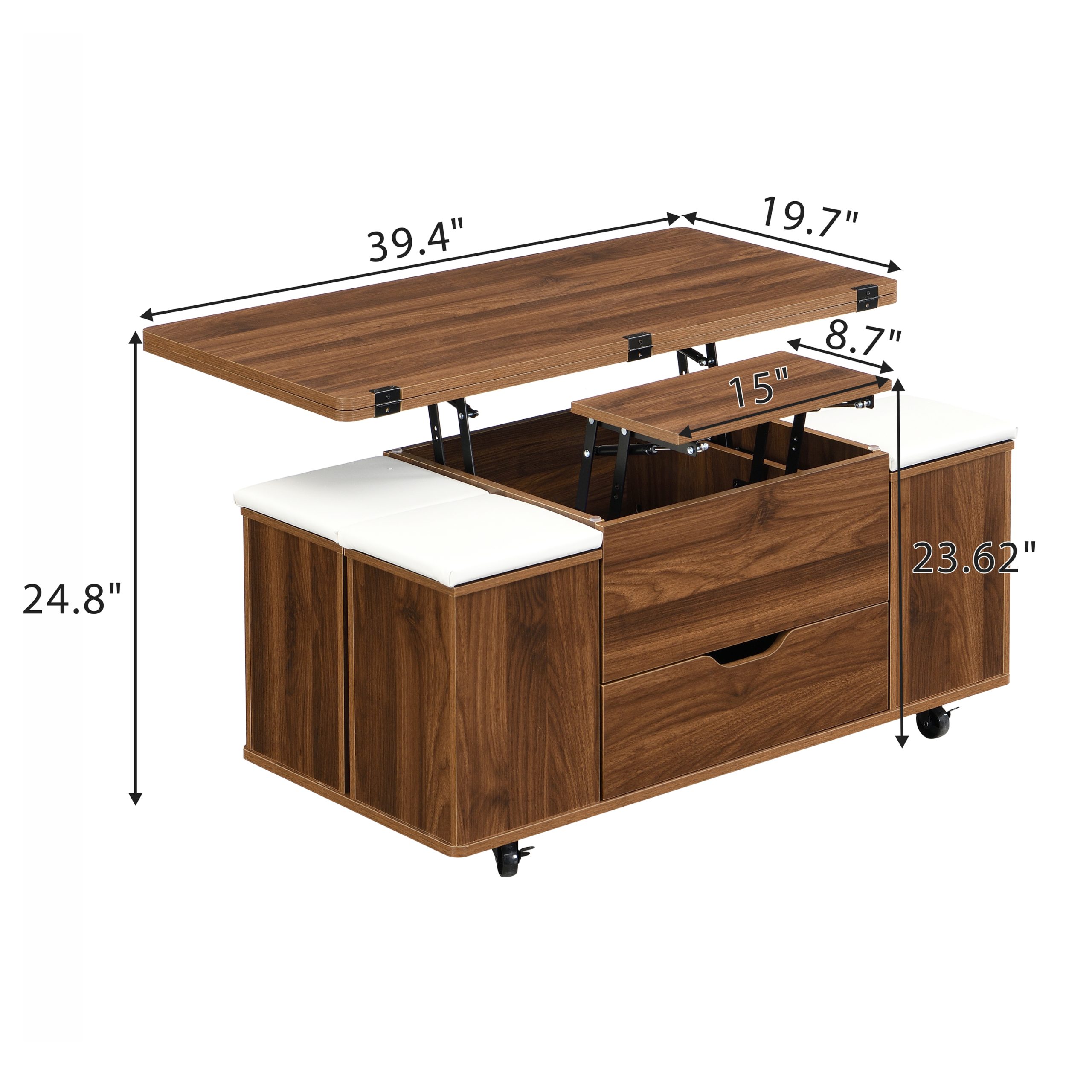 Multi-Functional Lift-Top Coffee Table with Hidden Storage and Stools,Multi-Function Modern Center Table with 4 Stools and Casters,Perfect for Modern Living Spaces-Walnut & White Color - Image 2