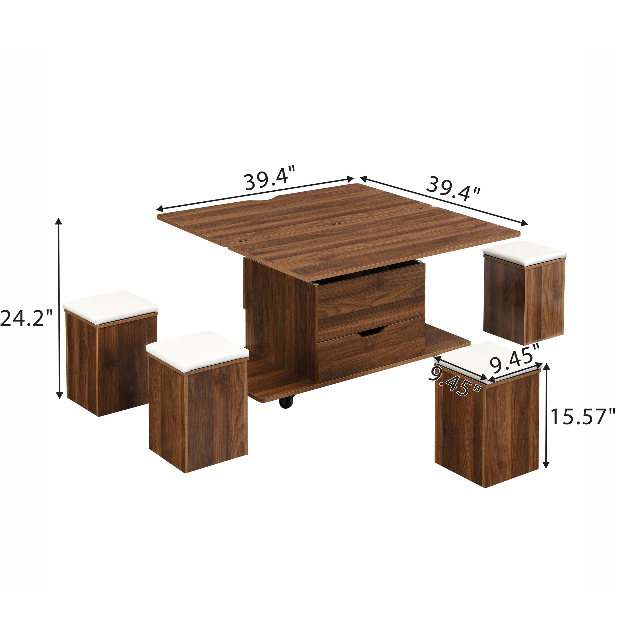 Multi-Functional Lift-Top Coffee Table with Hidden Storage and Stools,Multi-Function Modern Center Table with 4 Stools and Casters,Perfect for Modern Living Spaces-Walnut & White Color - Image 3