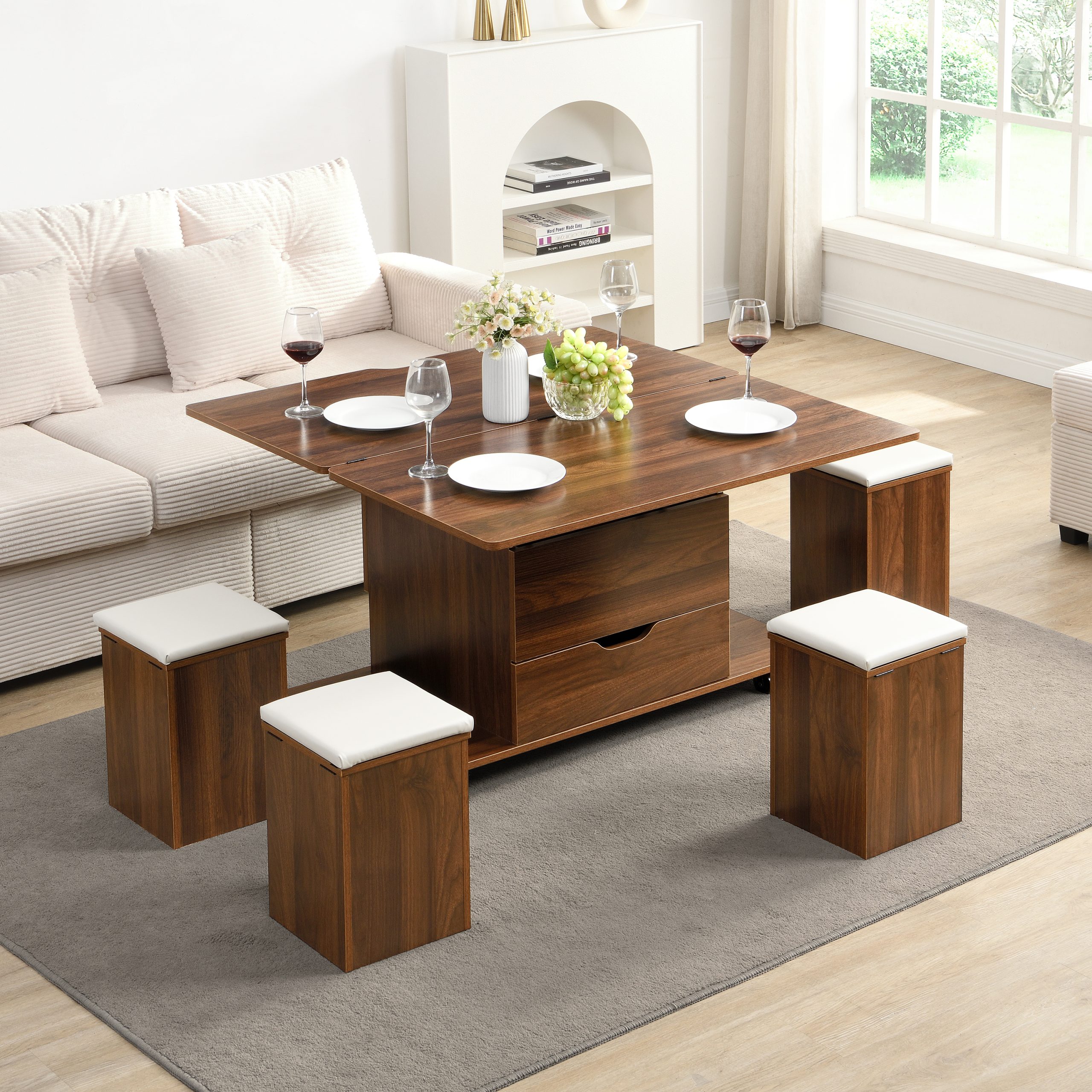 Multi-Functional Lift-Top Coffee Table with Hidden Storage and Stools,Multi-Function Modern Center Table with 4 Stools and Casters,Perfect for Modern Living Spaces-Walnut & White Color - Image 5