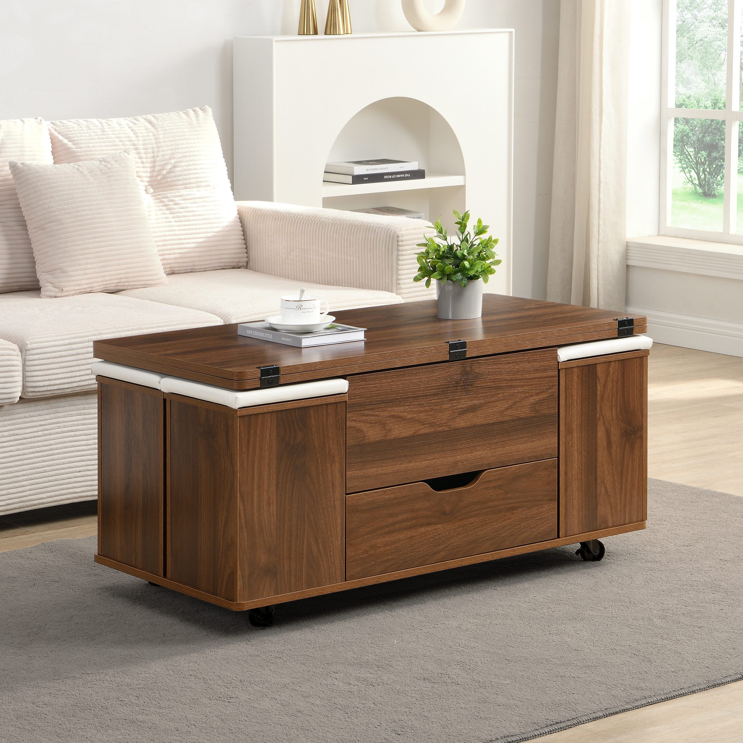 Multi-Functional Lift-Top Coffee Table with Hidden Storage and Stools,Multi-Function Modern Center Table with 4 Stools and Casters,Perfect for Modern Living Spaces-Walnut & White Color - Image 6