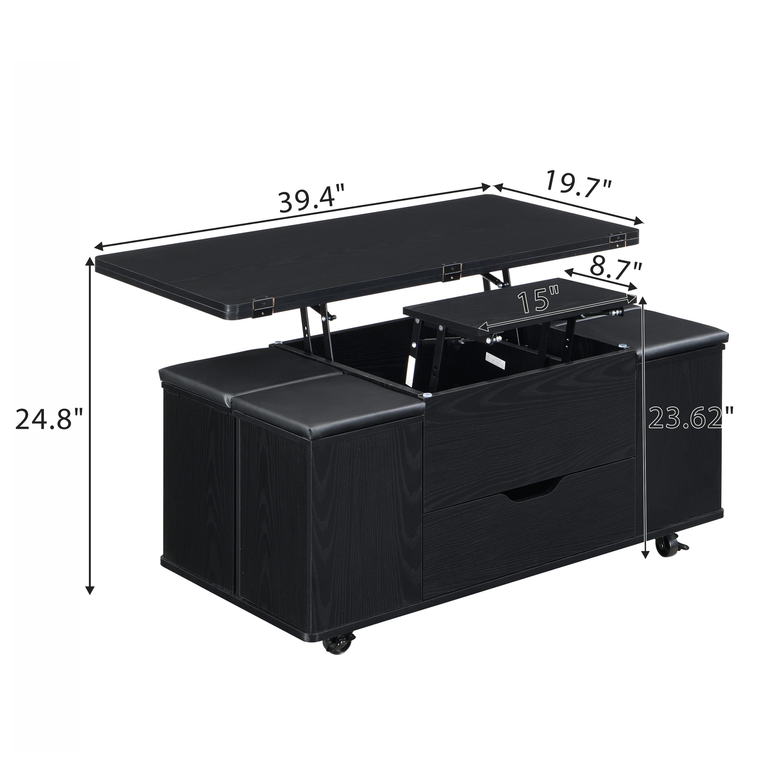 Multi-Functional Lift-Top Coffee Table with Hidden Storage and Stools,Multi-Function Modern Center Table with 4 Stools and Casters,Perfect for Modern Living Spaces-Black Color - Image 2