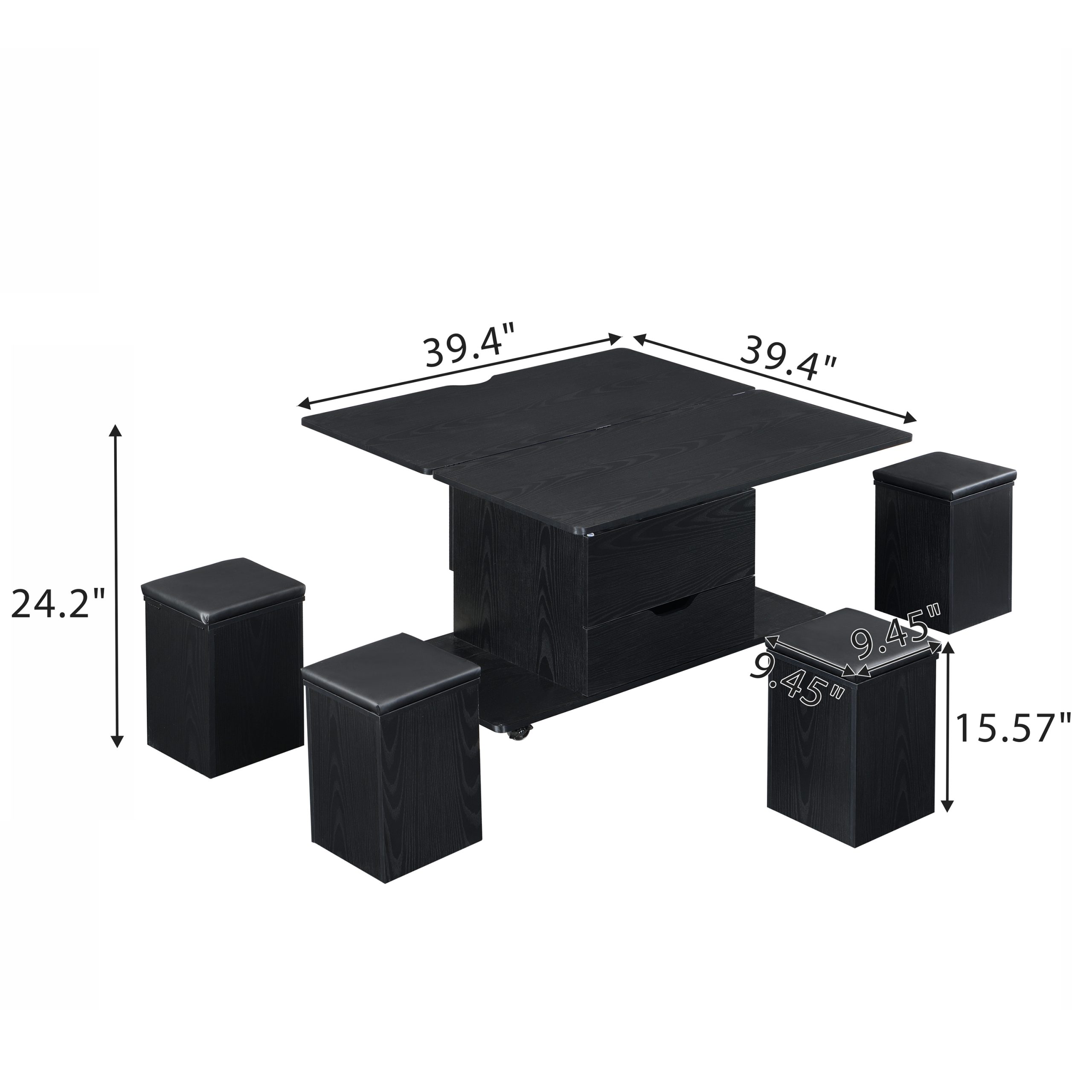 Multi-Functional Lift-Top Coffee Table with Hidden Storage and Stools,Multi-Function Modern Center Table with 4 Stools and Casters,Perfect for Modern Living Spaces-Black Color - Image 3