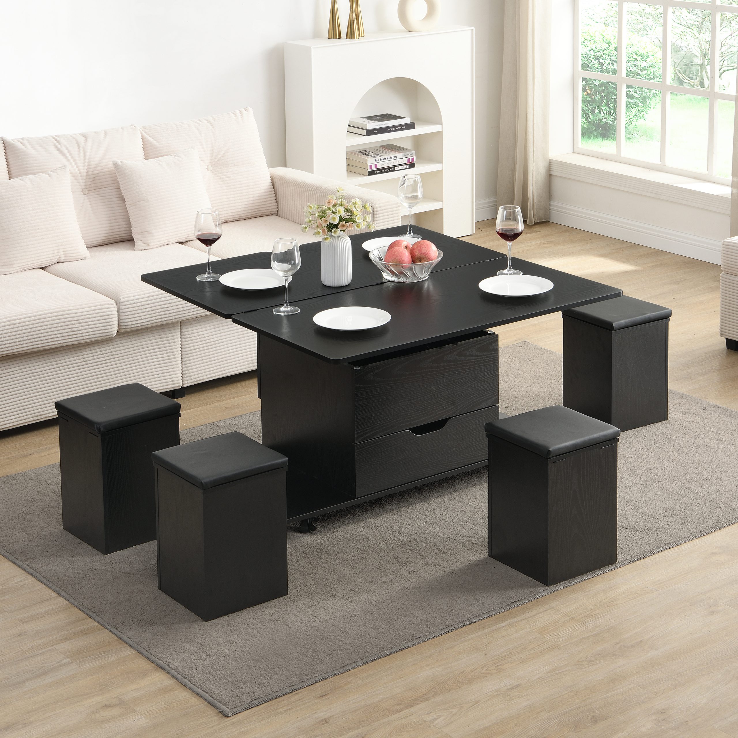 Multi-Functional Lift-Top Coffee Table with Hidden Storage and Stools,Multi-Function Modern Center Table with 4 Stools and Casters,Perfect for Modern Living Spaces-Black Color - Image 5