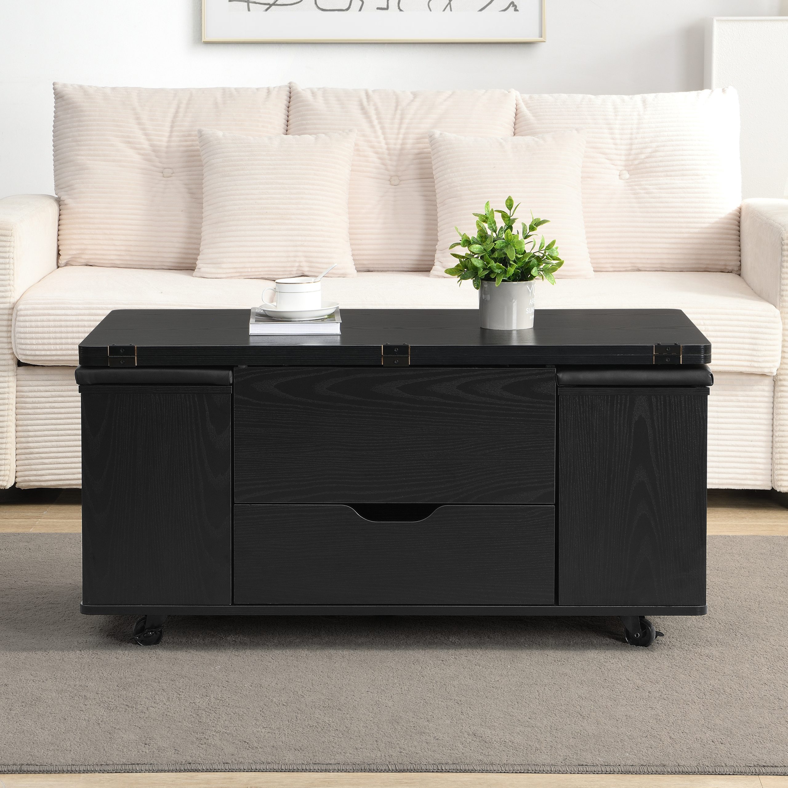 Multi-Functional Lift-Top Coffee Table with Hidden Storage and Stools,Multi-Function Modern Center Table with 4 Stools and Casters,Perfect for Modern Living Spaces-Black Color - Image 6