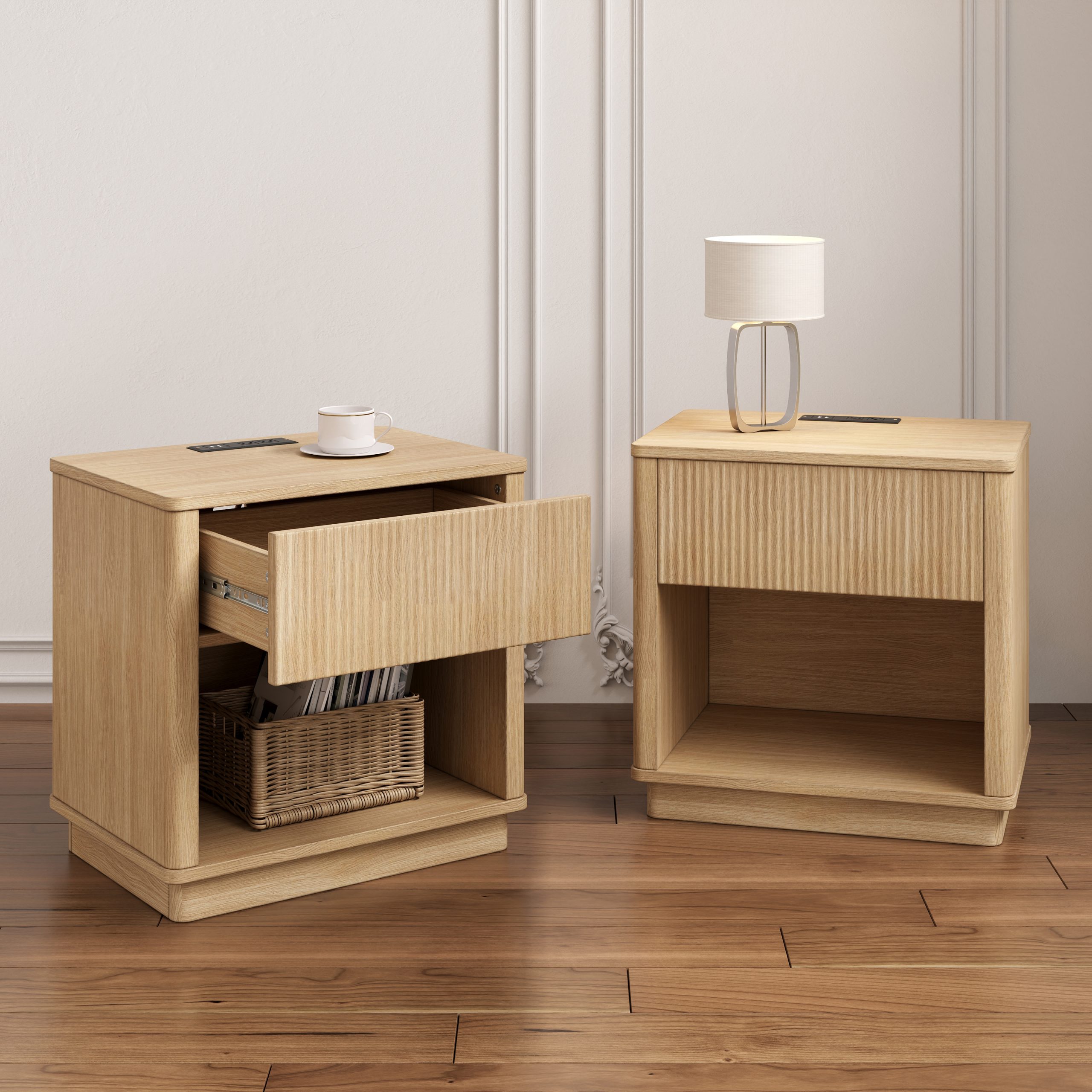 Charging Nightstand Set of 2, Bedside Tables with Charging Stations, Outlet/USB Bedside Tables with Drawer, Modern Set for Bedroom,Natural Color