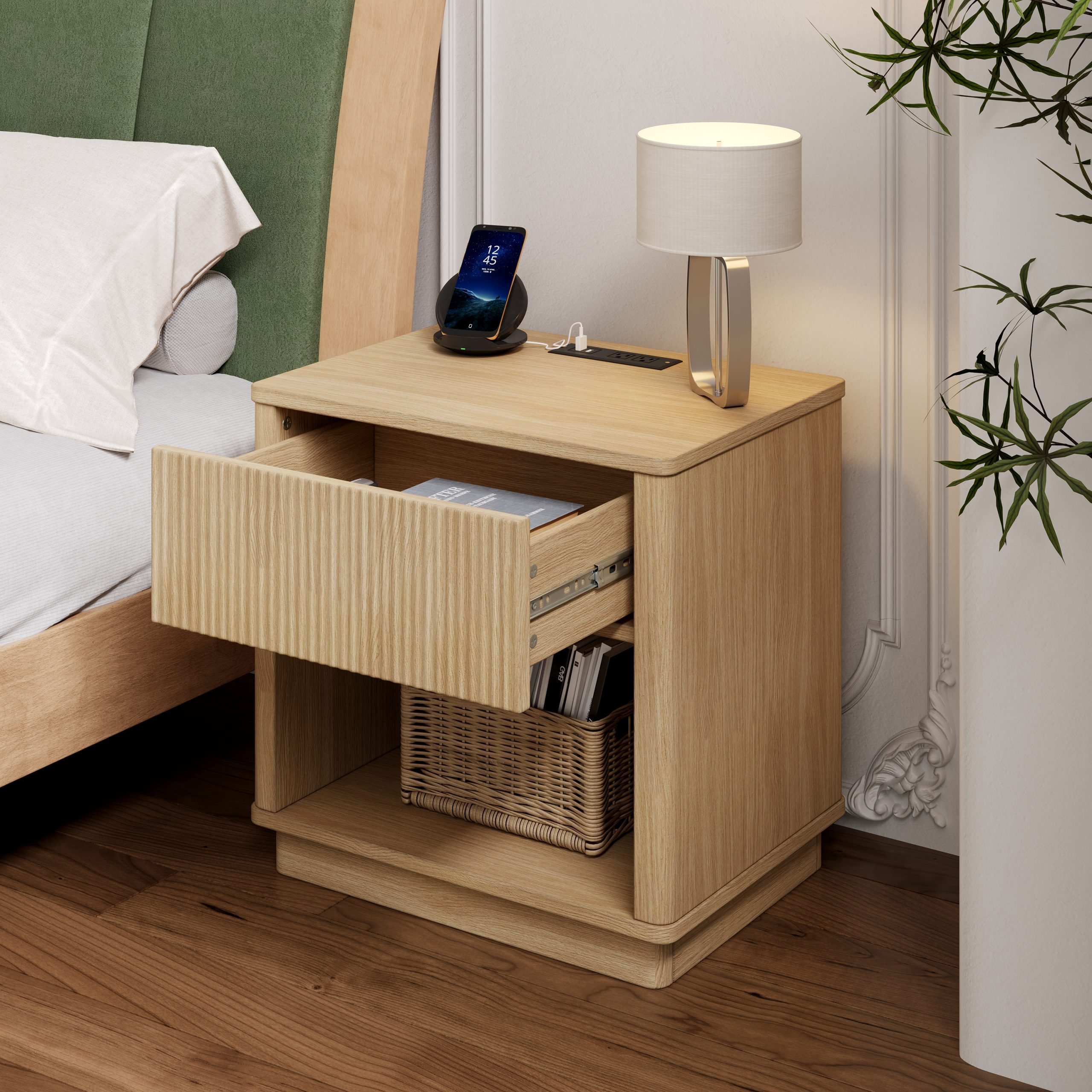 Nightstand with Outlet & USB Port, Modern Bedside Table with Charging Station and Storage Drawer, Modern Design for Small Spaces,Natural Color - Image 2