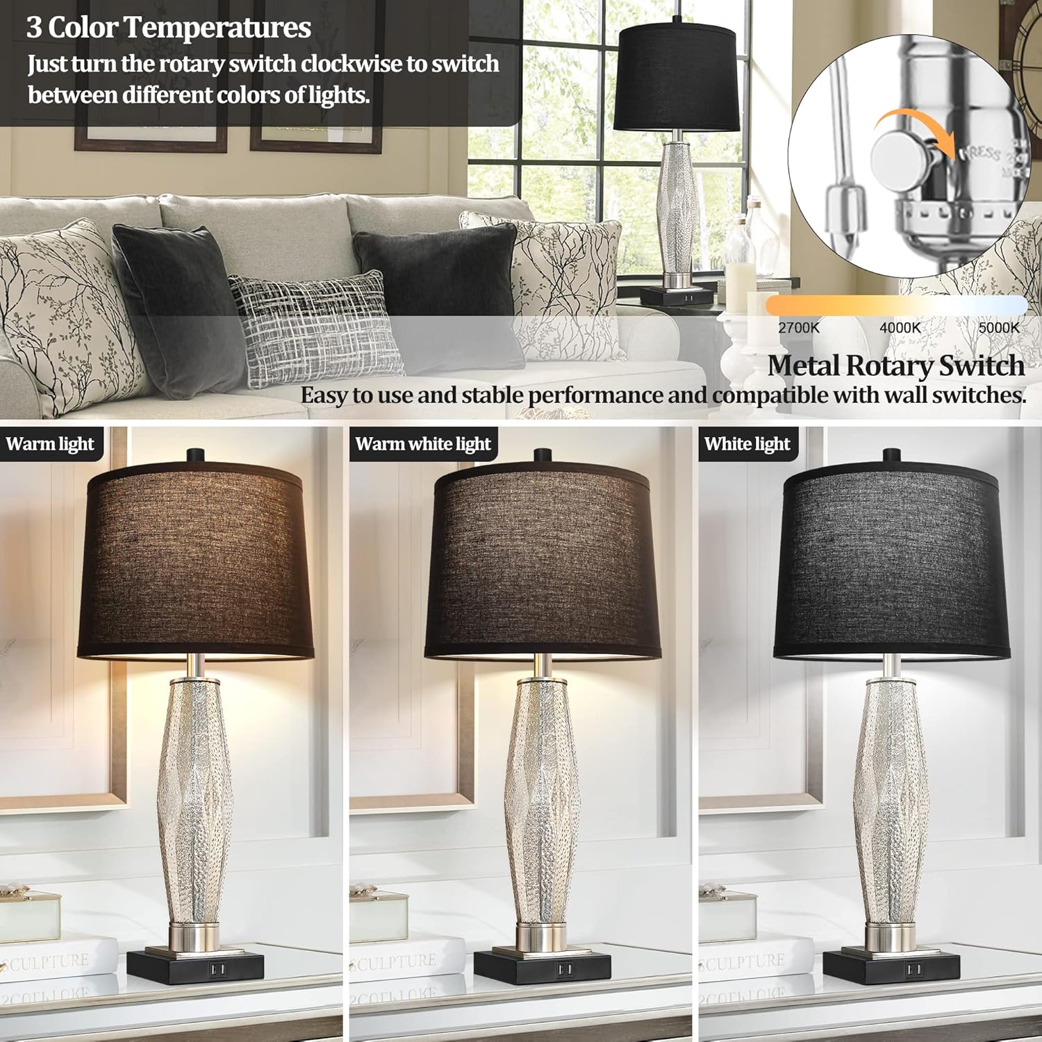 Table Lamps Set of 2, Bedroom Lamp with USB A+C Charging Ports, Modern Glass Beside Lamps for Living Room Rotary Switches, Black Nightstand Lamp Home Lights Decor (LED Bulbs Included) - Image 2