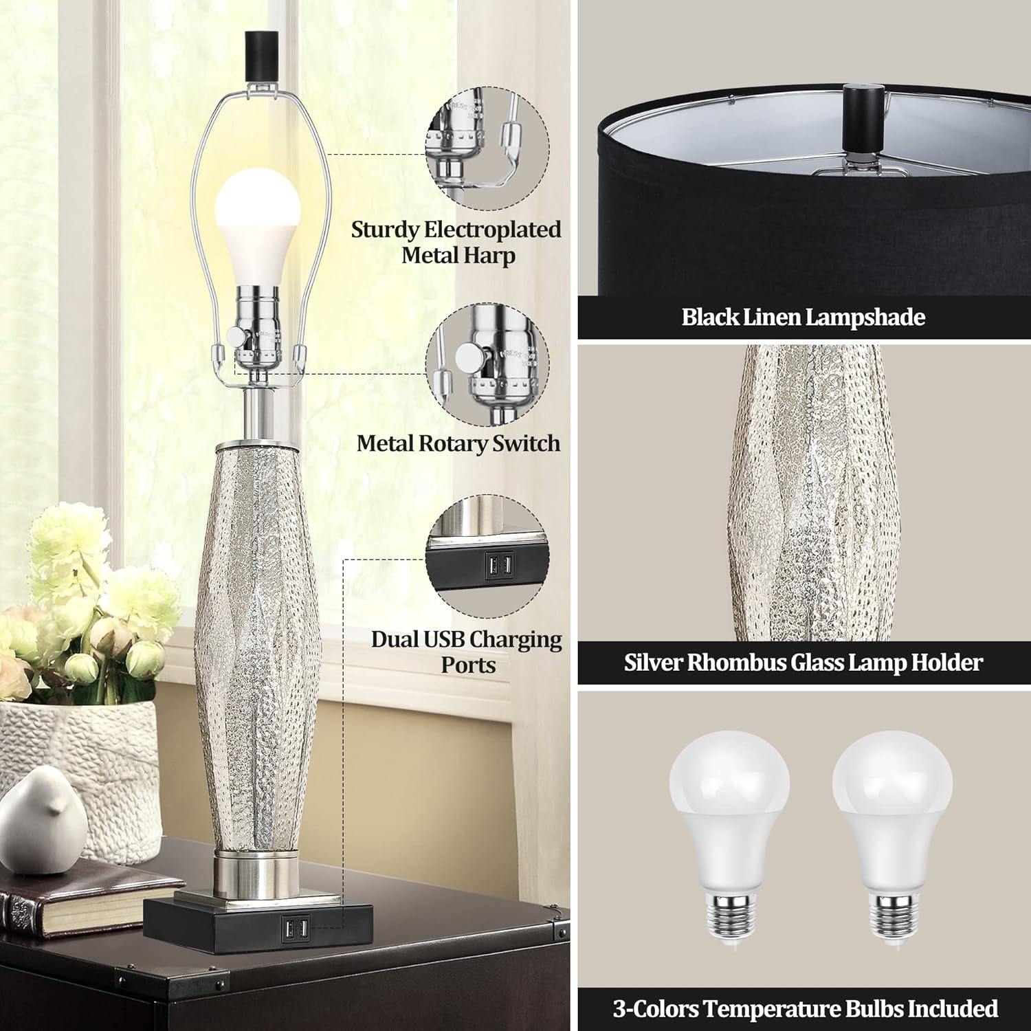 Table Lamps Set of 2, Bedroom Lamp with USB A+C Charging Ports, Modern Glass Beside Lamps for Living Room Rotary Switches, Black Nightstand Lamp Home Lights Decor (LED Bulbs Included) - Image 3