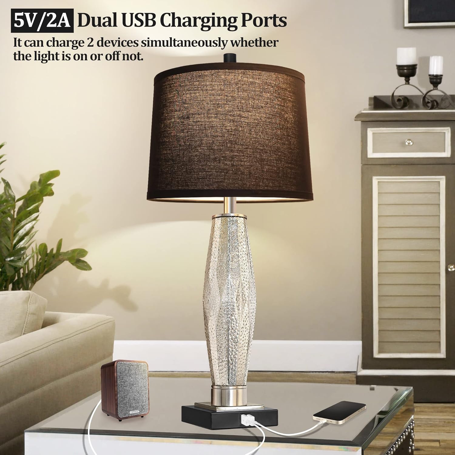 Table Lamps Set of 2, Bedroom Lamp with USB A+C Charging Ports, Modern Glass Beside Lamps for Living Room Rotary Switches, Black Nightstand Lamp Home Lights Decor (LED Bulbs Included) - Image 4