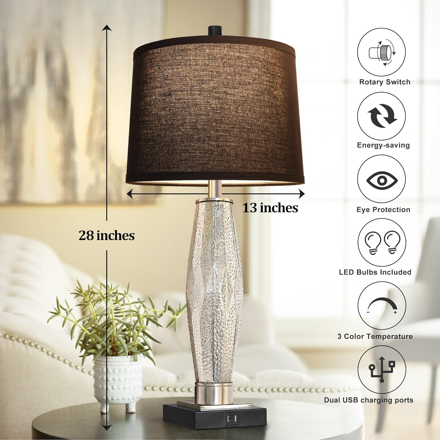 Table Lamps Set of 2, Bedroom Lamp with USB A+C Charging Ports, Modern Glass Beside Lamps for Living Room Rotary Switches, Black Nightstand Lamp Home Lights Decor (LED Bulbs Included) - Image 5