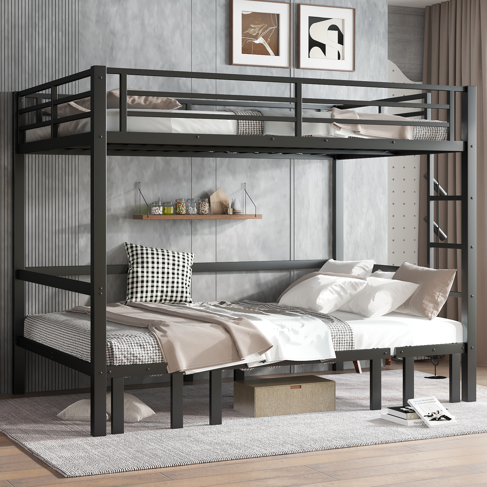 Queen over Queen size pull-out Metal Bunk Bed, lower bunk can be pulled out in three sections, top bunk equipped with safety rails, black. - Image 2