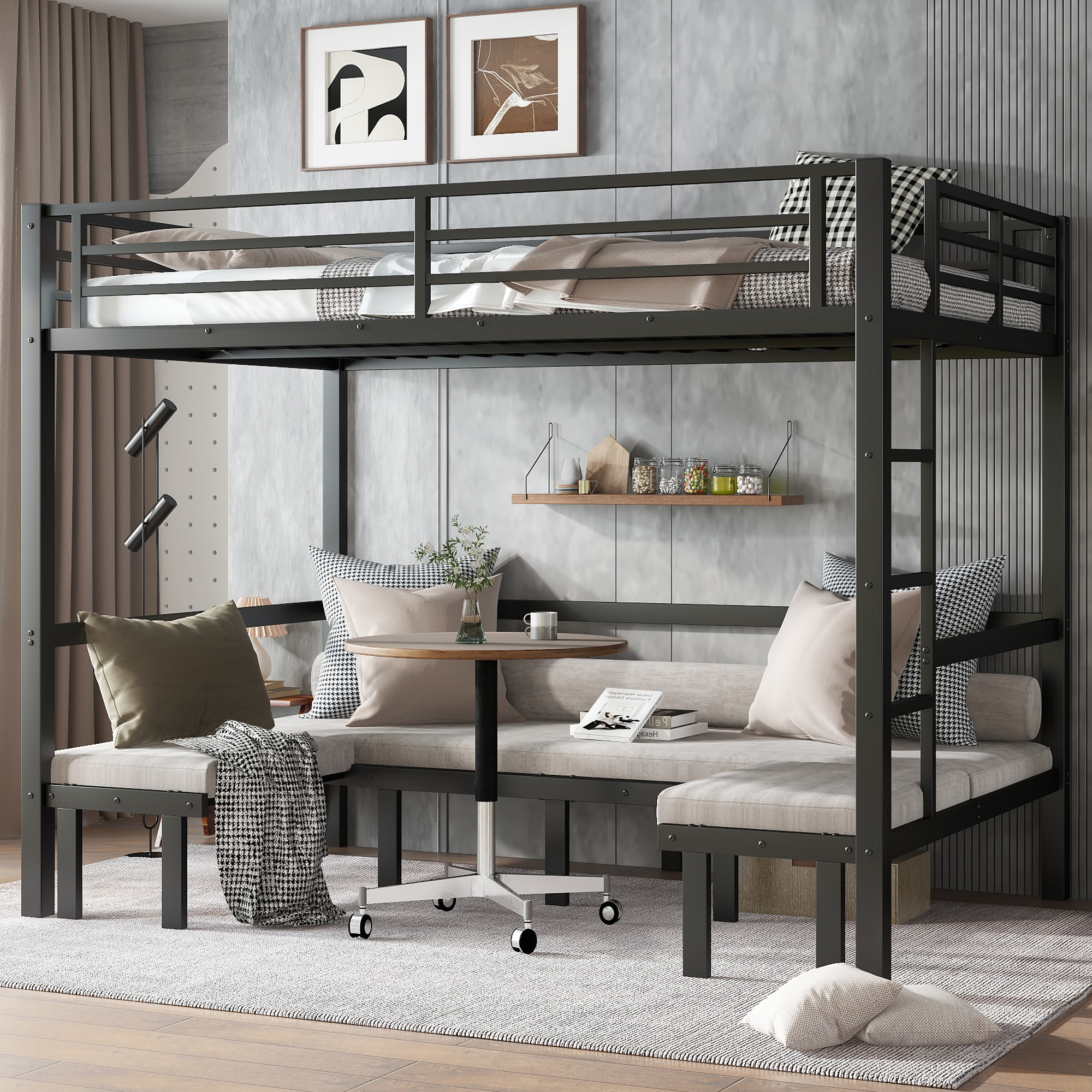 Queen over Queen size pull-out Metal Bunk Bed, lower bunk can be pulled out in three sections, top bunk equipped with safety rails, black. - Image 1