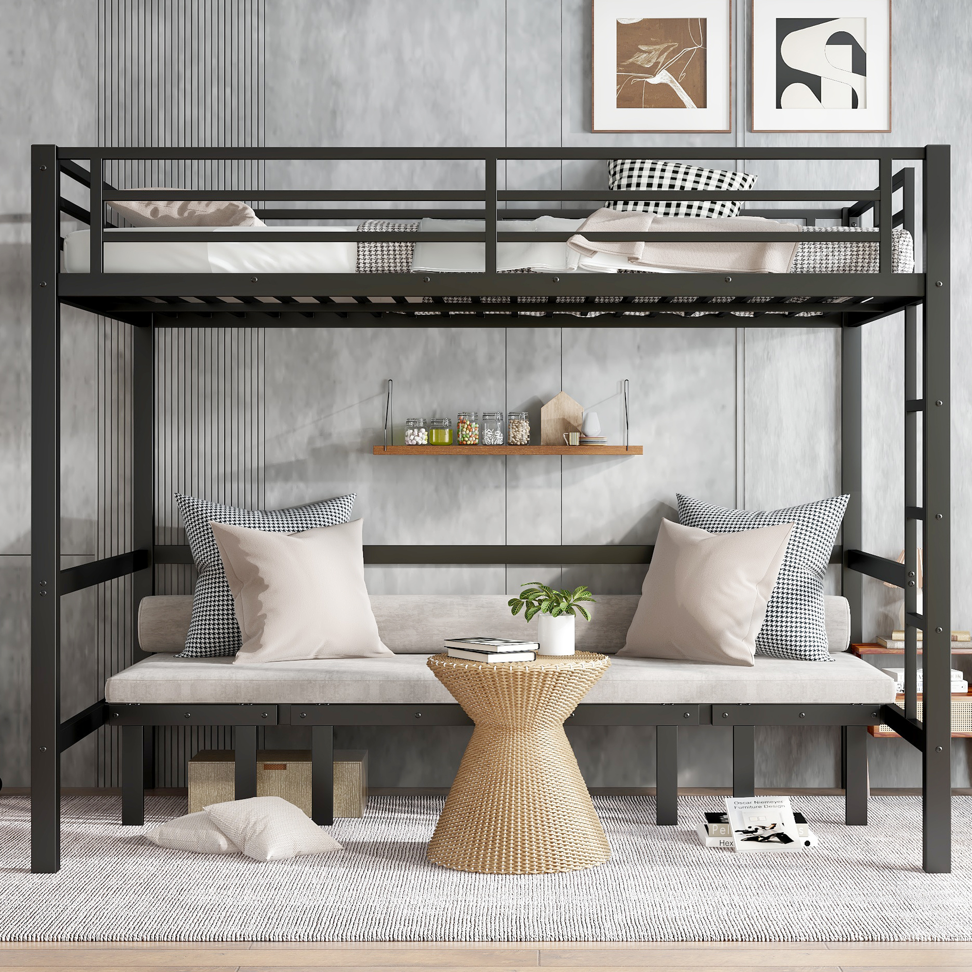 Queen over Queen size pull-out Metal Bunk Bed, lower bunk can be pulled out in three sections, top bunk equipped with safety rails, black. - Image 3