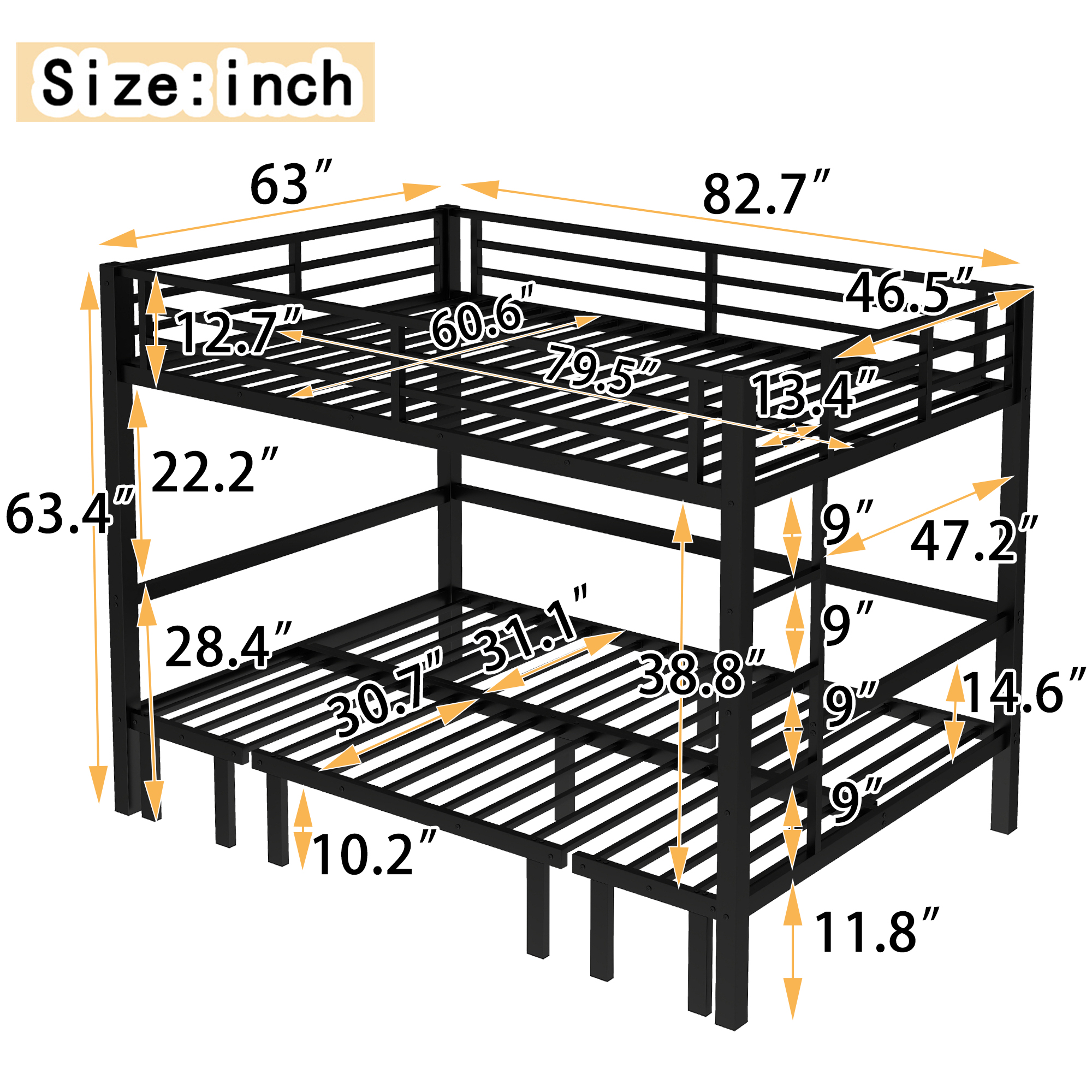 Queen over Queen size pull-out Metal Bunk Bed, lower bunk can be pulled out in three sections, top bunk equipped with safety rails, black. - Image 4