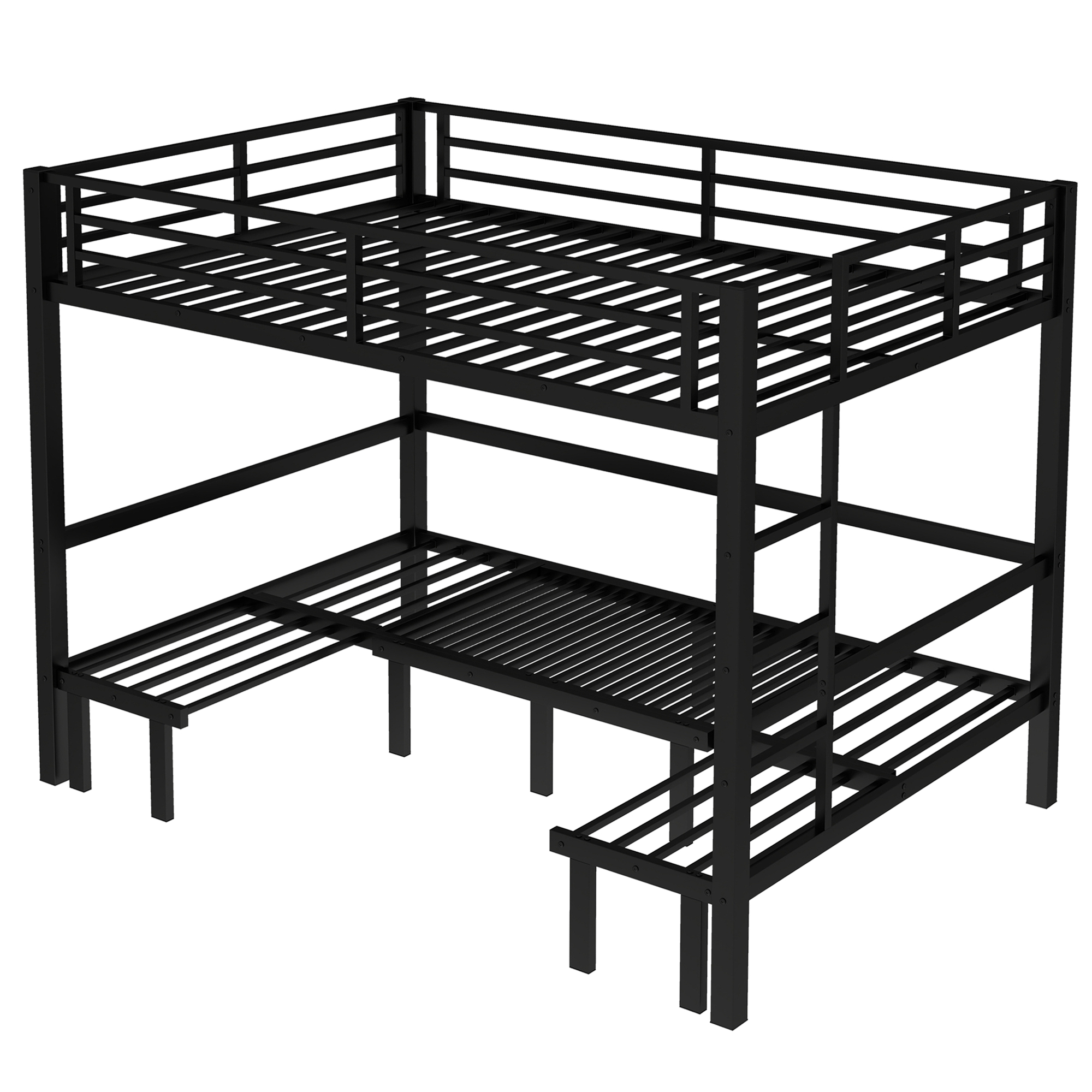 Queen over Queen size pull-out Metal Bunk Bed, lower bunk can be pulled out in three sections, top bunk equipped with safety rails, black. - Image 5