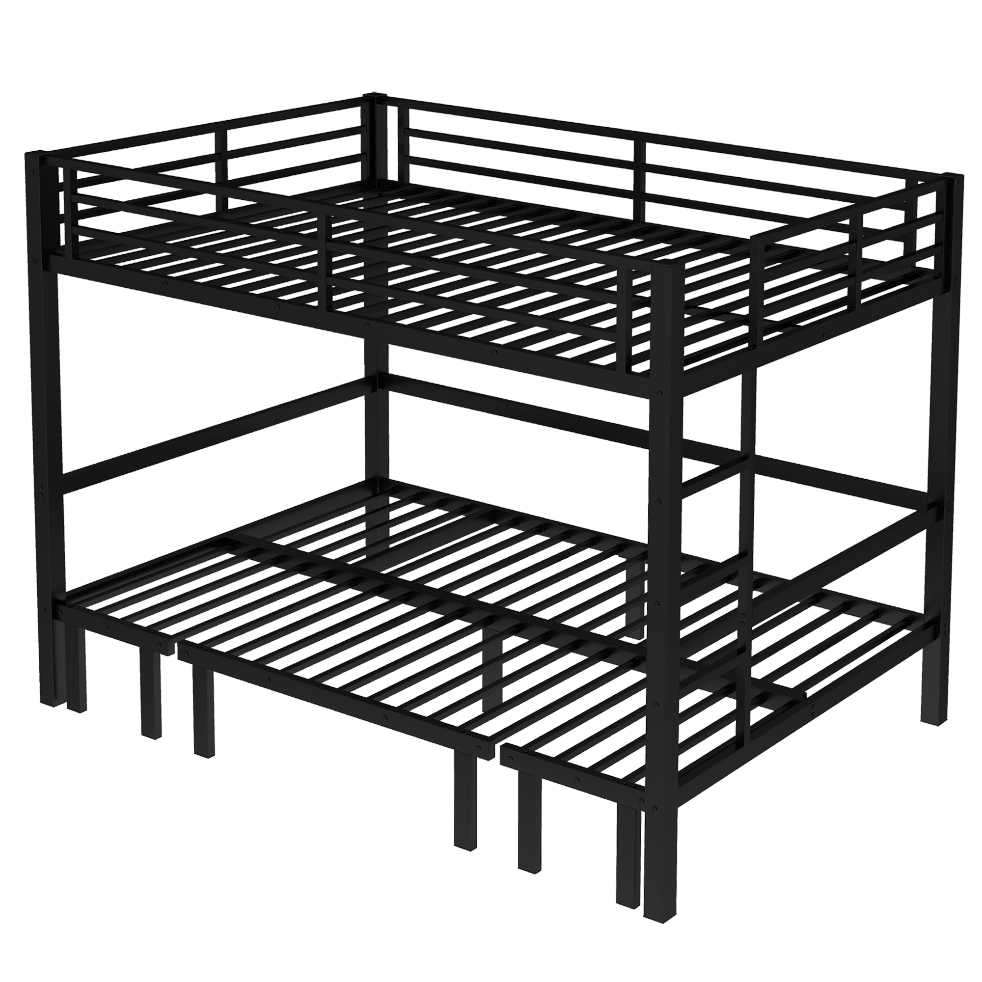 Queen over Queen size pull-out Metal Bunk Bed, lower bunk can be pulled out in three sections, top bunk equipped with safety rails, black. - Image 6