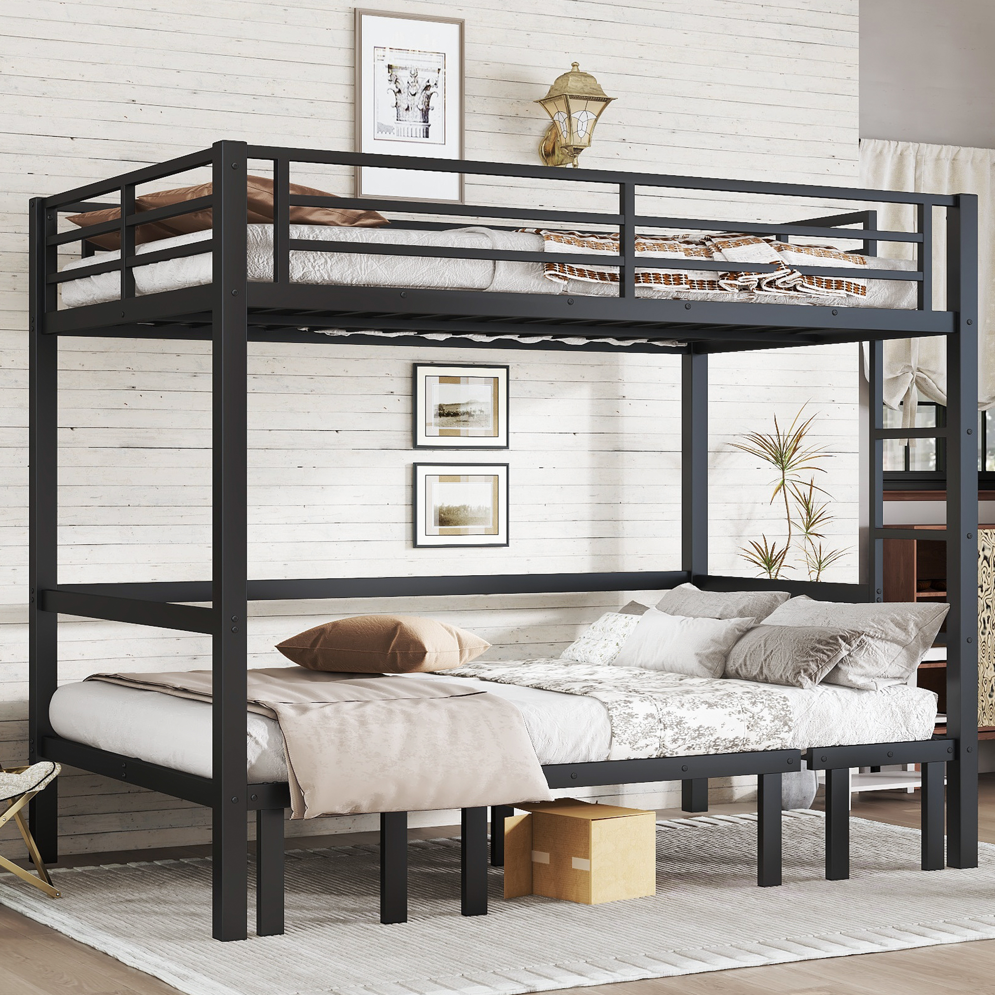 Full over Full size pull-out Metal Bunk Bed, lower bunk can be pulled out in three sections, top bunk equipped with safety rails, black. - Image 2