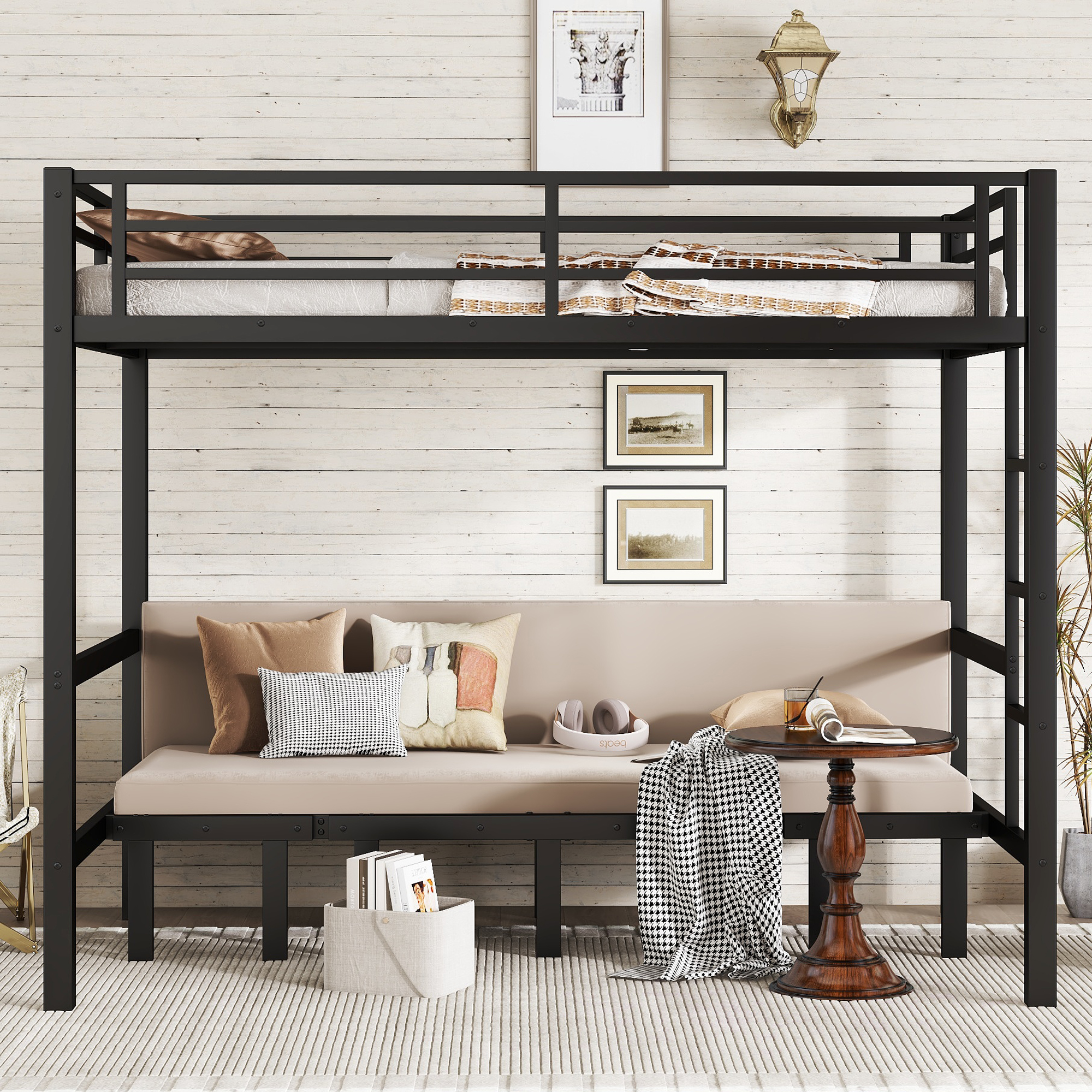 Full over Full size pull-out Metal Bunk Bed, lower bunk can be pulled out in three sections, top bunk equipped with safety rails, black. - Image 3
