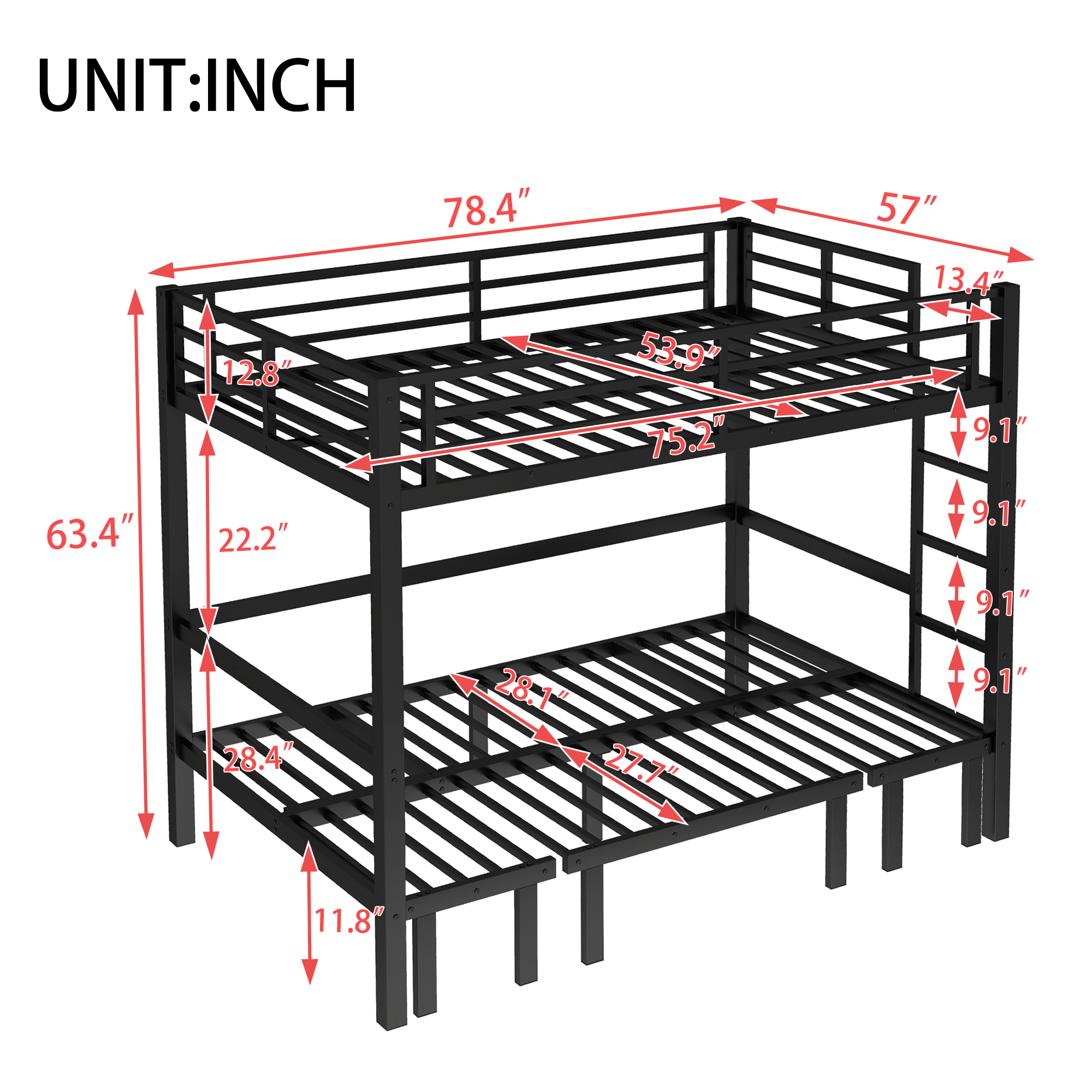 Full over Full size pull-out Metal Bunk Bed, lower bunk can be pulled out in three sections, top bunk equipped with safety rails, black. - Image 4