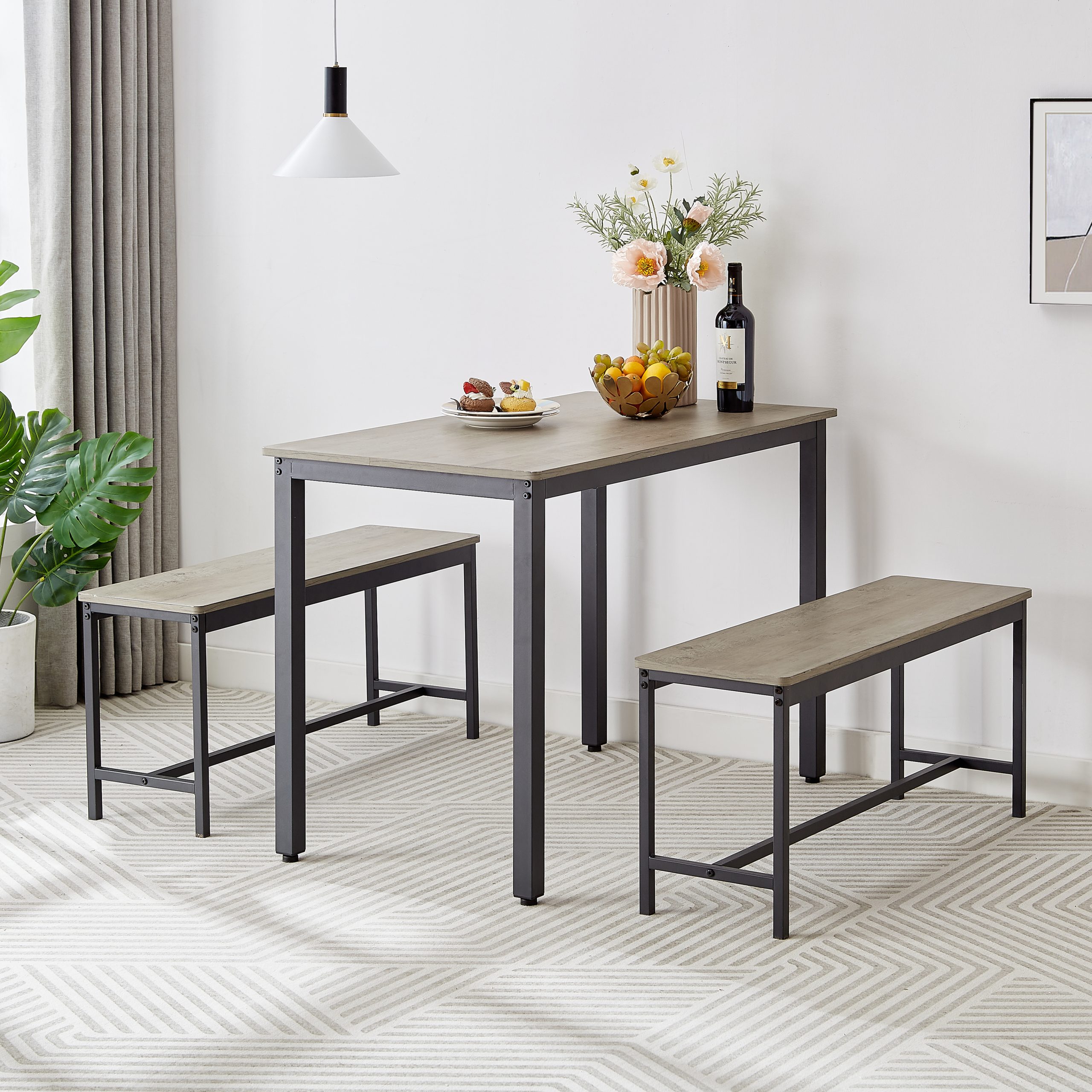 Dining Table Set, Bar Table with 2 Dining Benches, Kitchen Table Counter with Chairs, Industrial for Kitchen Breakfast Table, Living Room, Party Room, Grey and Black,43.3″L x 23.6″W x 29.9″H - Image 2