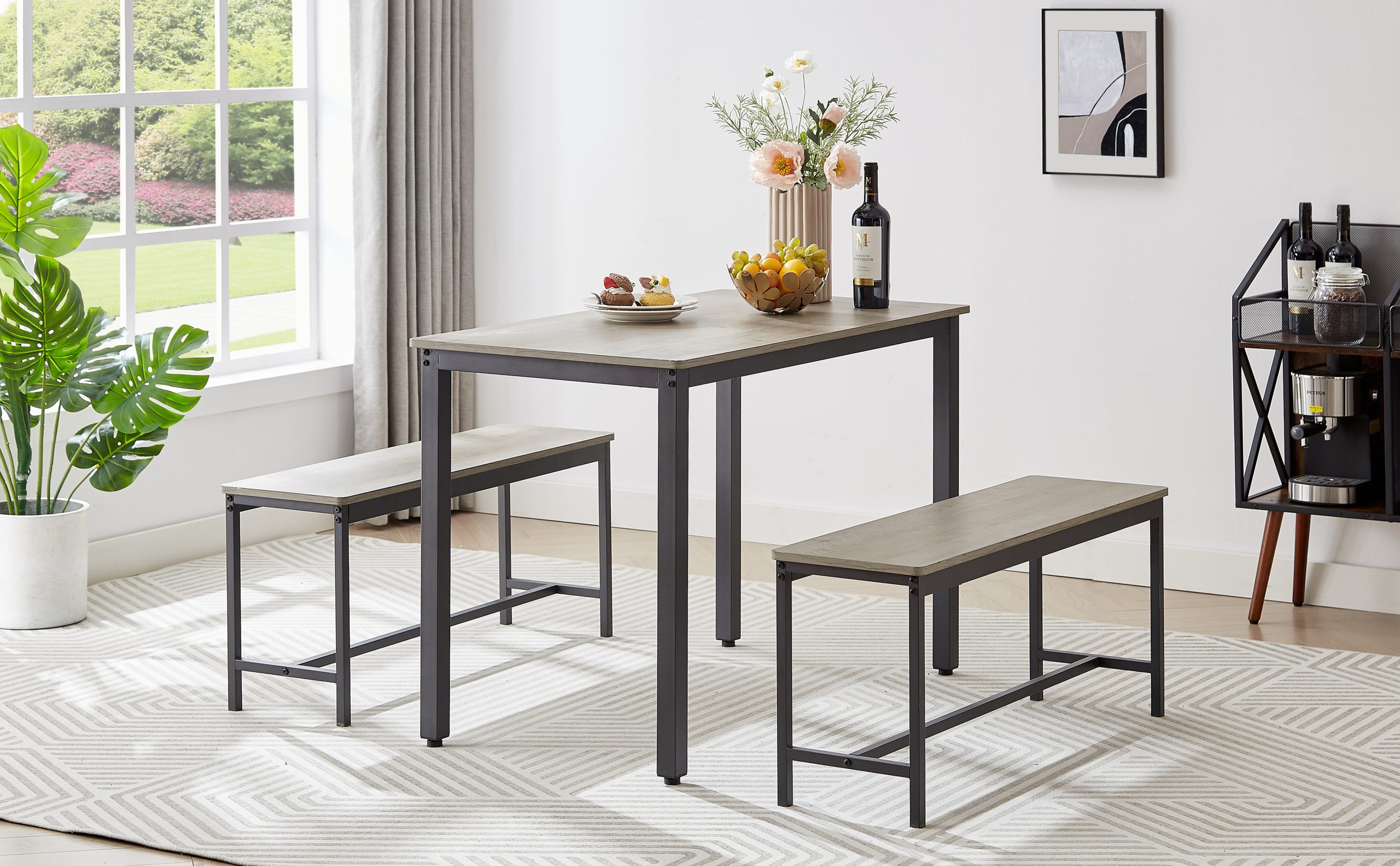 Dining Table Set, Bar Table with 2 Dining Benches, Kitchen Table Counter with Chairs, Industrial for Kitchen Breakfast Table, Living Room, Party Room, Grey and Black,43.3″L x 23.6″W x 29.9″H - Image 3
