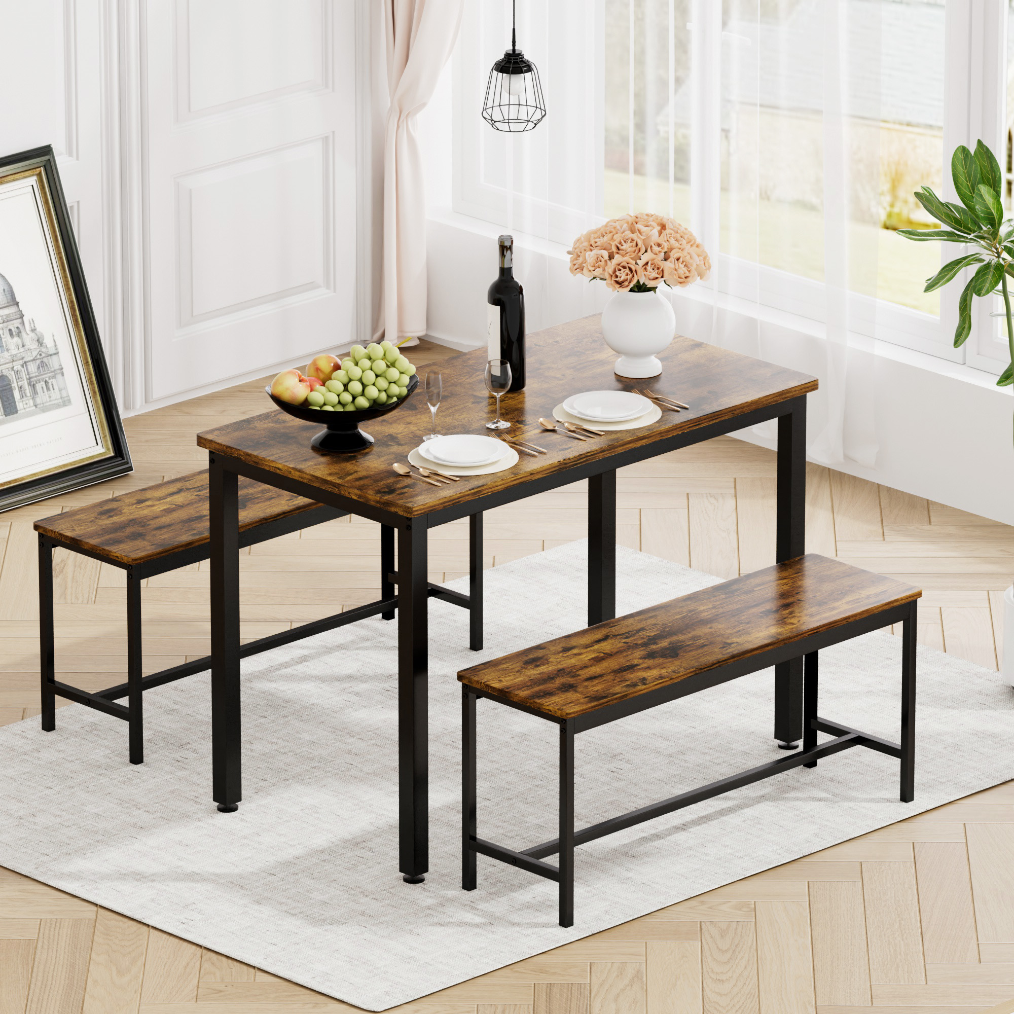 Dining Table Set, Bar Table with 2 Dining Benches, Kitchen Table Counter with Chairs, Industrial for Kitchen Breakfast Table, Living Room, Party Room, Rustic Brown and Black,43.3″L x23.6″W x 29.9″H - Image 2