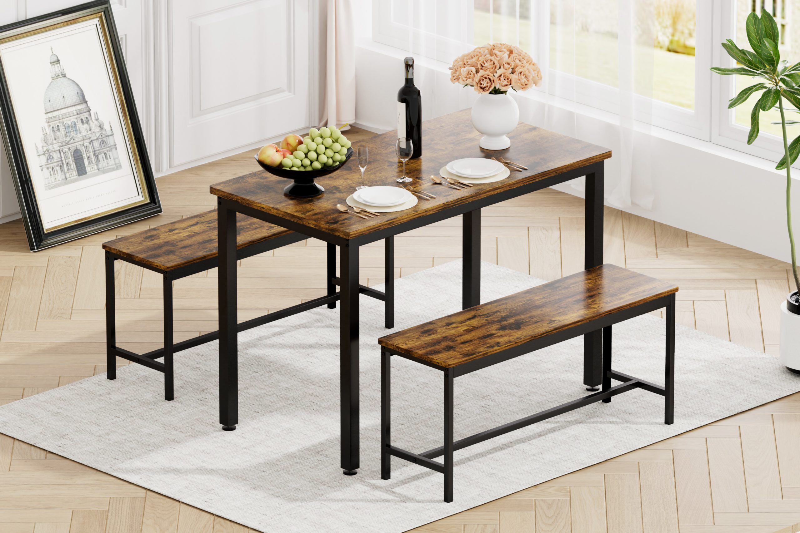 Dining Table Set, Bar Table with 2 Dining Benches, Kitchen Table Counter with Chairs, Industrial for Kitchen Breakfast Table, Living Room, Party Room, Rustic Brown and Black,43.3″L x23.6″W x 29.9″H - Image 3