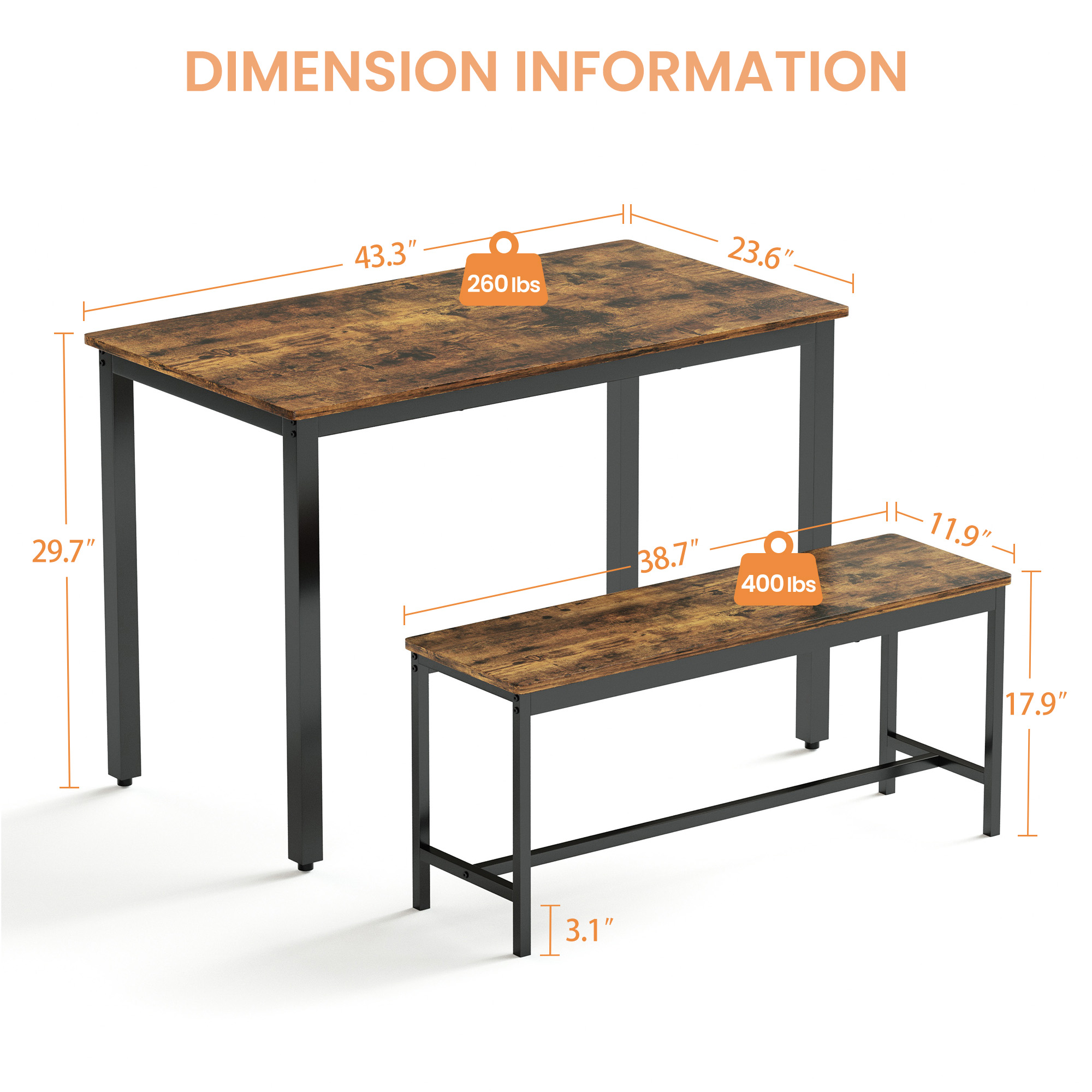 Dining Table Set, Bar Table with 2 Dining Benches, Kitchen Table Counter with Chairs, Industrial for Kitchen Breakfast Table, Living Room, Party Room, Rustic Brown and Black,43.3″L x23.6″W x 29.9″H - Image 4
