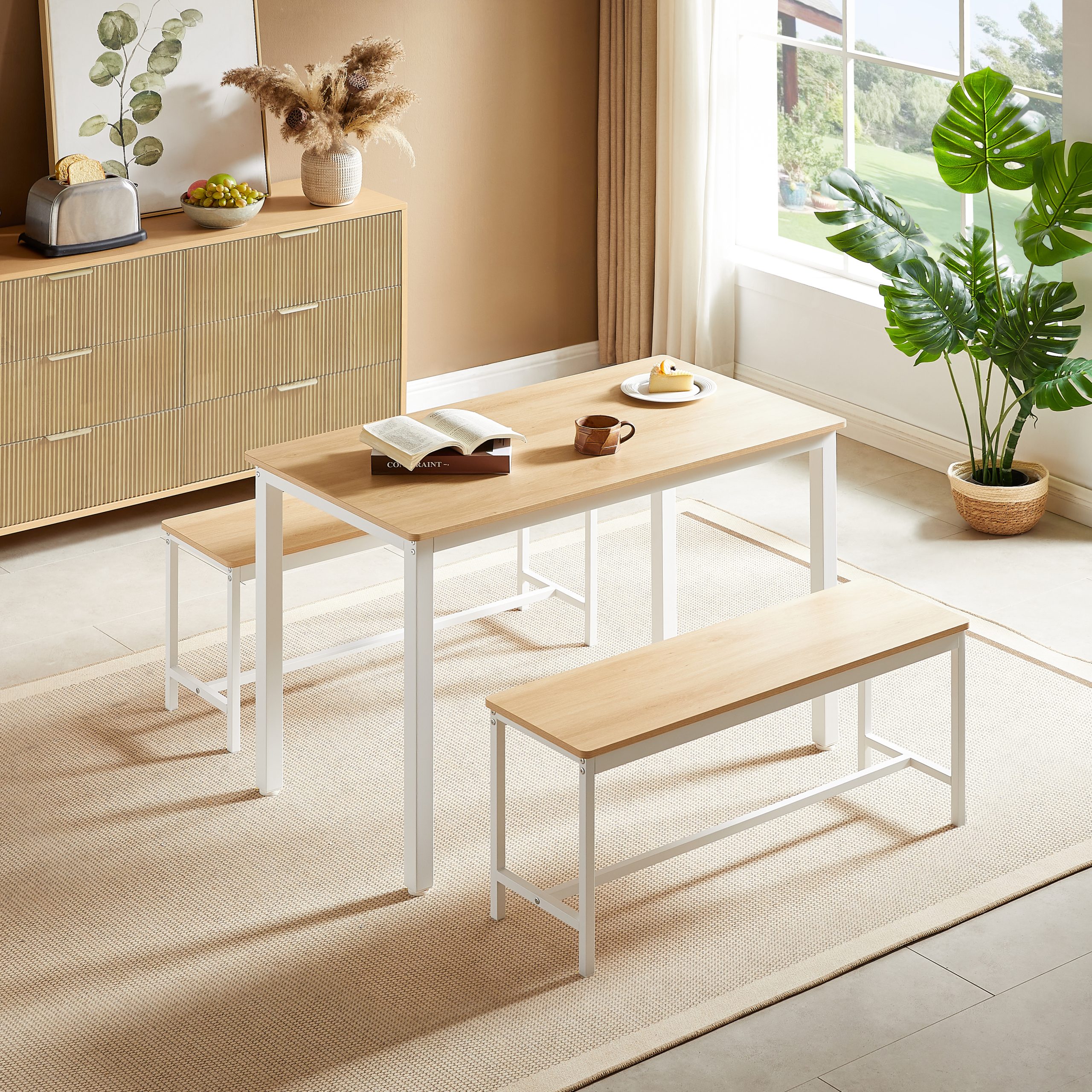 Dining Table Set, Bar Table with 2 Dining Benches, Kitchen Table Counter with Chairs, Industrial for Kitchen Breakfast Table, Living Room, Party Room, Natural and White , 43.3″L x23.6″W x 29.9″H - Image 2