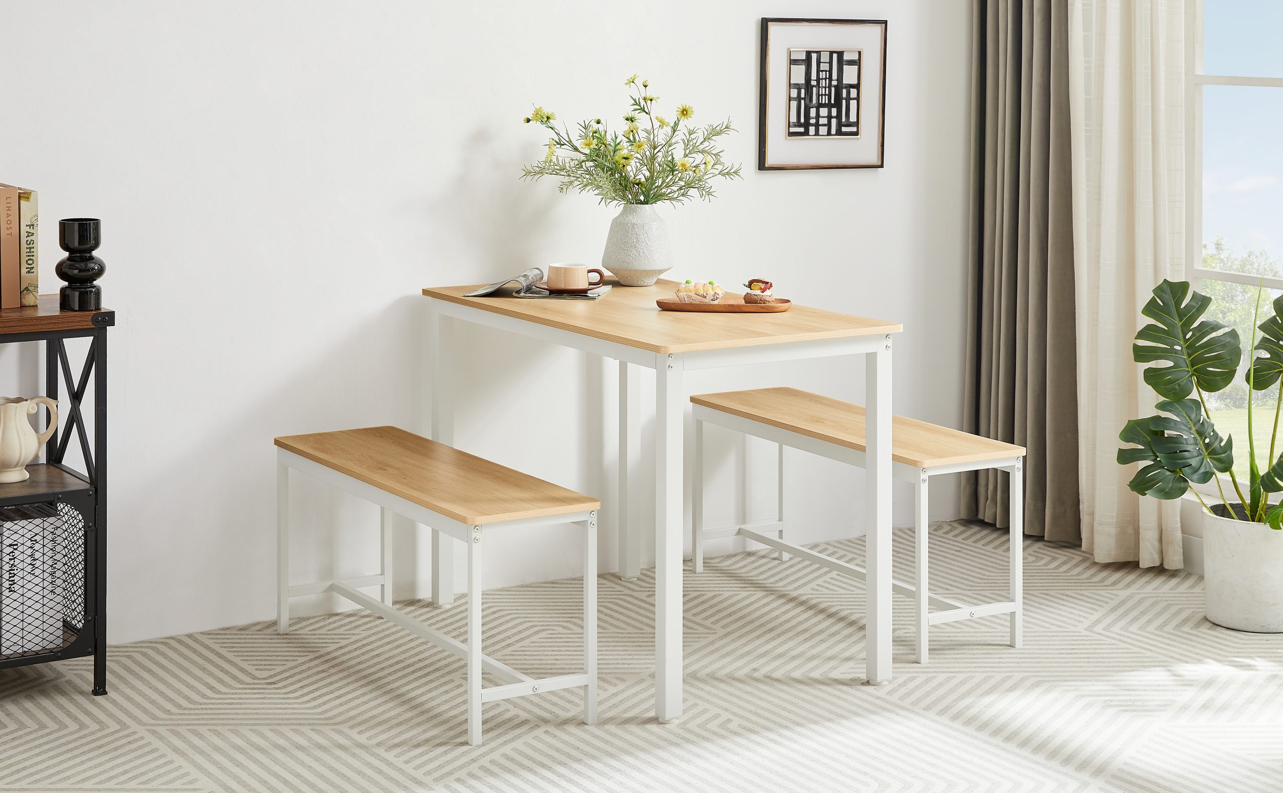 Dining Table Set, Bar Table with 2 Dining Benches, Kitchen Table Counter with Chairs, Industrial for Kitchen Breakfast Table, Living Room, Party Room, Natural and White , 43.3″L x23.6″W x 29.9″H - Image 3