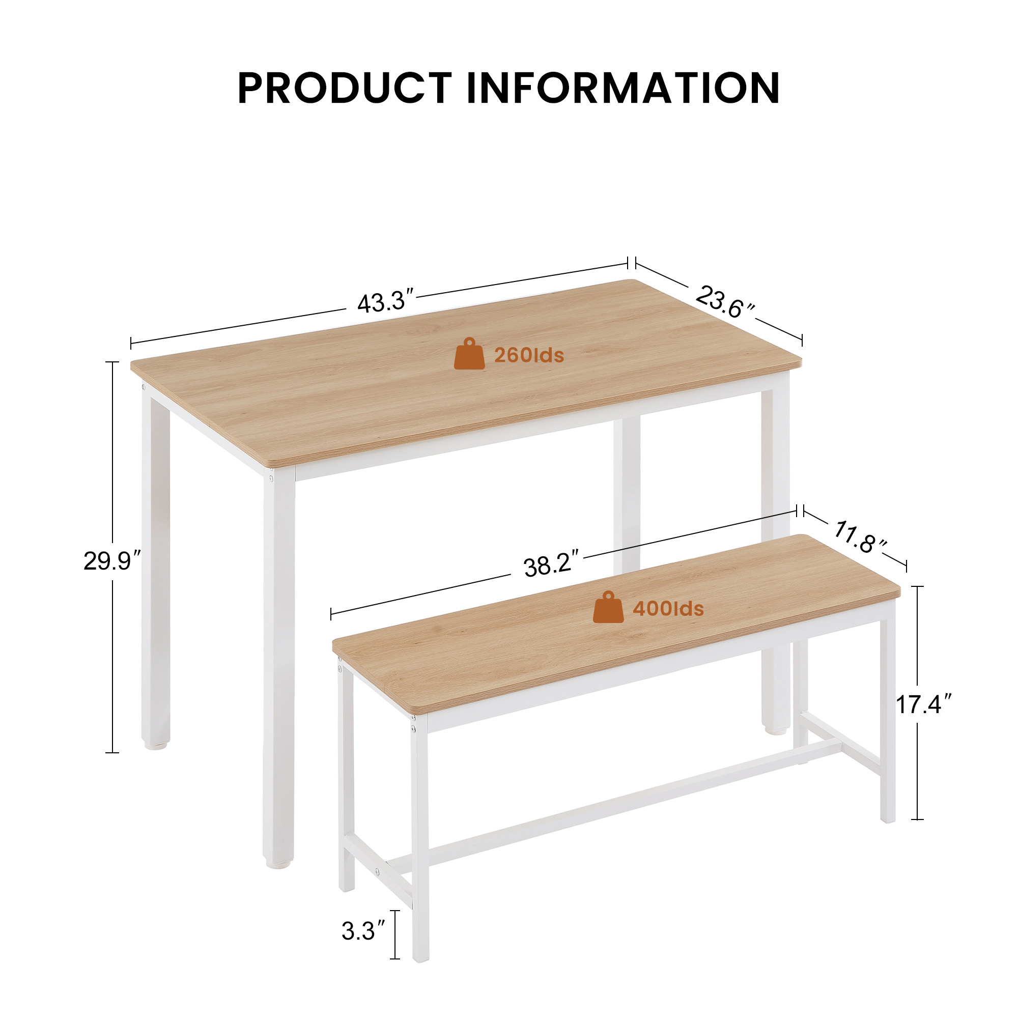Dining Table Set, Bar Table with 2 Dining Benches, Kitchen Table Counter with Chairs, Industrial for Kitchen Breakfast Table, Living Room, Party Room, Natural and White , 43.3″L x23.6″W x 29.9″H - Image 4