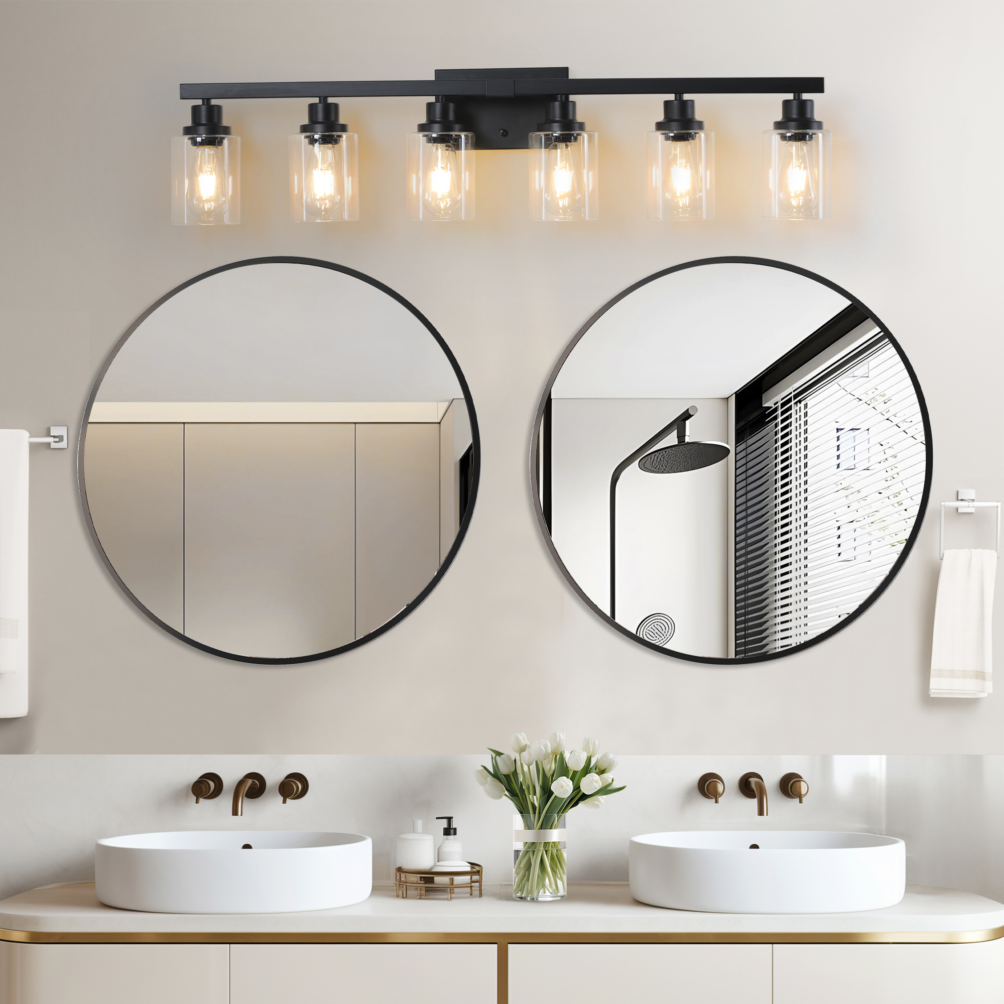 37" Modern 6-Light Bathroom Vanity Light Fixture - Black Finish with Clear Glass Shades, Perfect for Bathroom, Vanity, and Dressing Area Lighting (No Bulbs) - Image 2