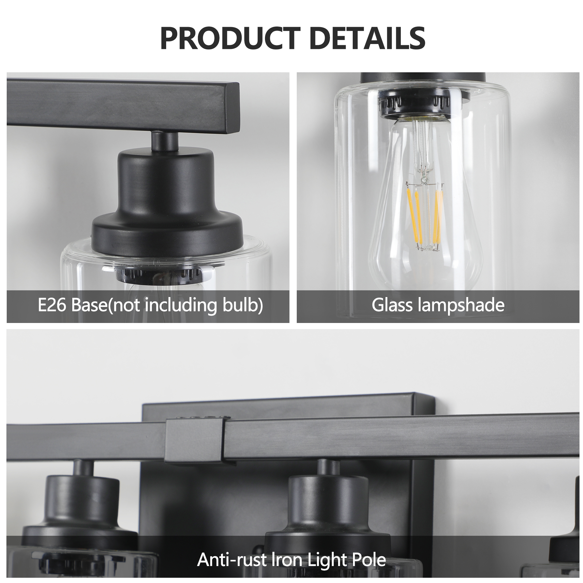 37" Modern 6-Light Bathroom Vanity Light Fixture - Black Finish with Clear Glass Shades, Perfect for Bathroom, Vanity, and Dressing Area Lighting (No Bulbs) - Image 5