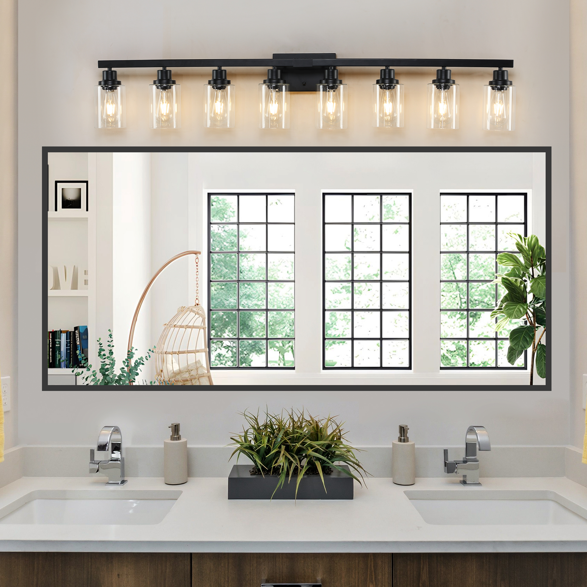 51" Black 8-Light Vanity Light with Clear Glass Shades, Modern Iron Metal Bathroom Wall Fixture for Mirror, Ideal for Bathroom and Dressing Table (No Bulbs) - Image 3