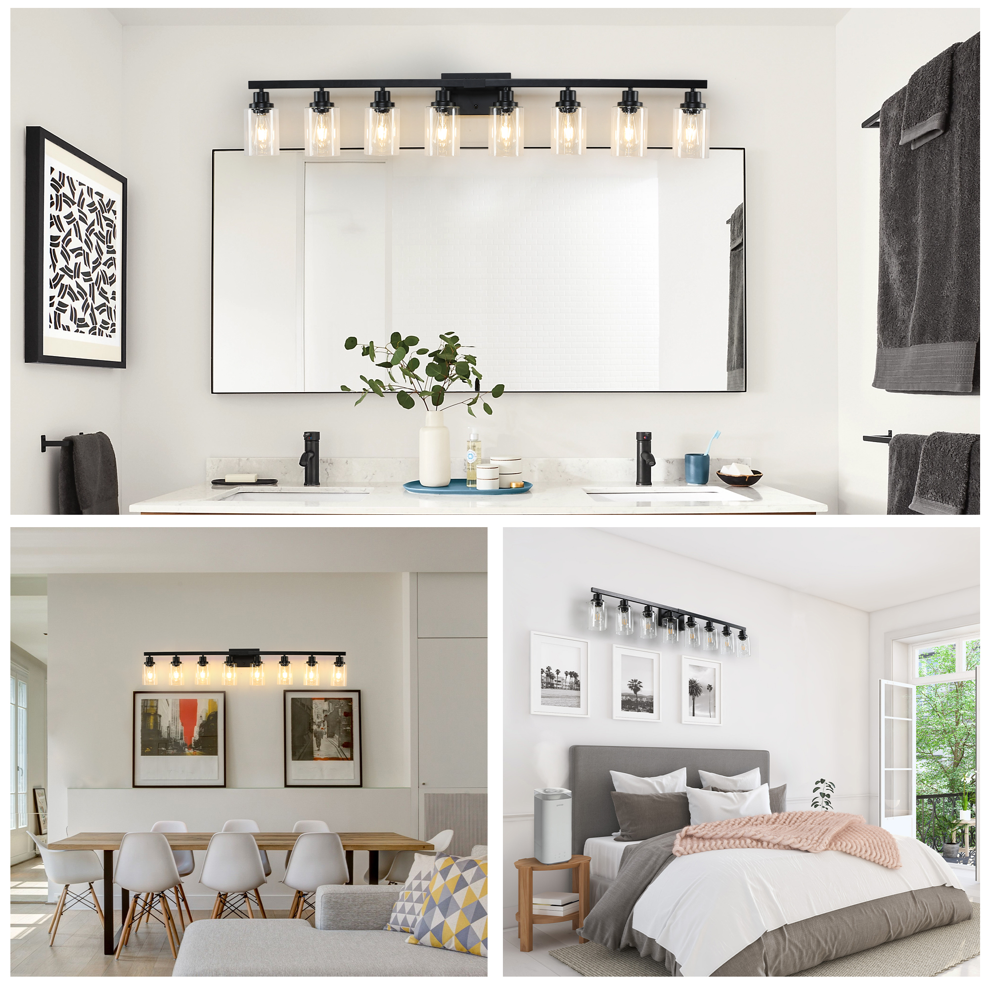 51" Black 8-Light Vanity Light with Clear Glass Shades, Modern Iron Metal Bathroom Wall Fixture for Mirror, Ideal for Bathroom and Dressing Table (No Bulbs) - Image 4