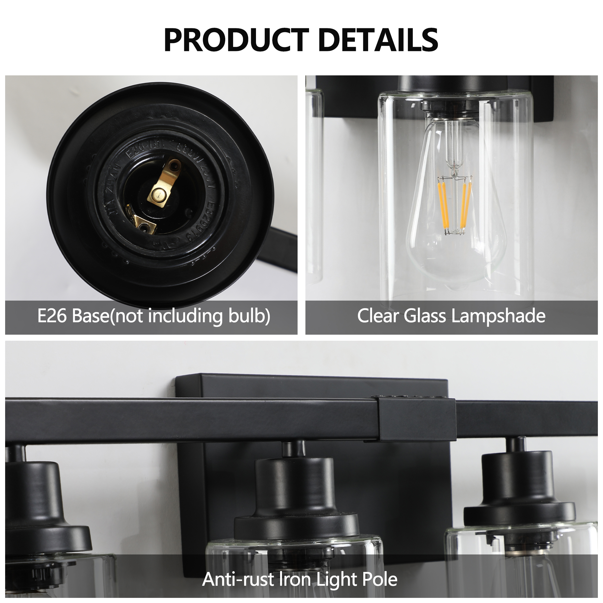 51" Black 8-Light Vanity Light with Clear Glass Shades, Modern Iron Metal Bathroom Wall Fixture for Mirror, Ideal for Bathroom and Dressing Table (No Bulbs) - Image 6