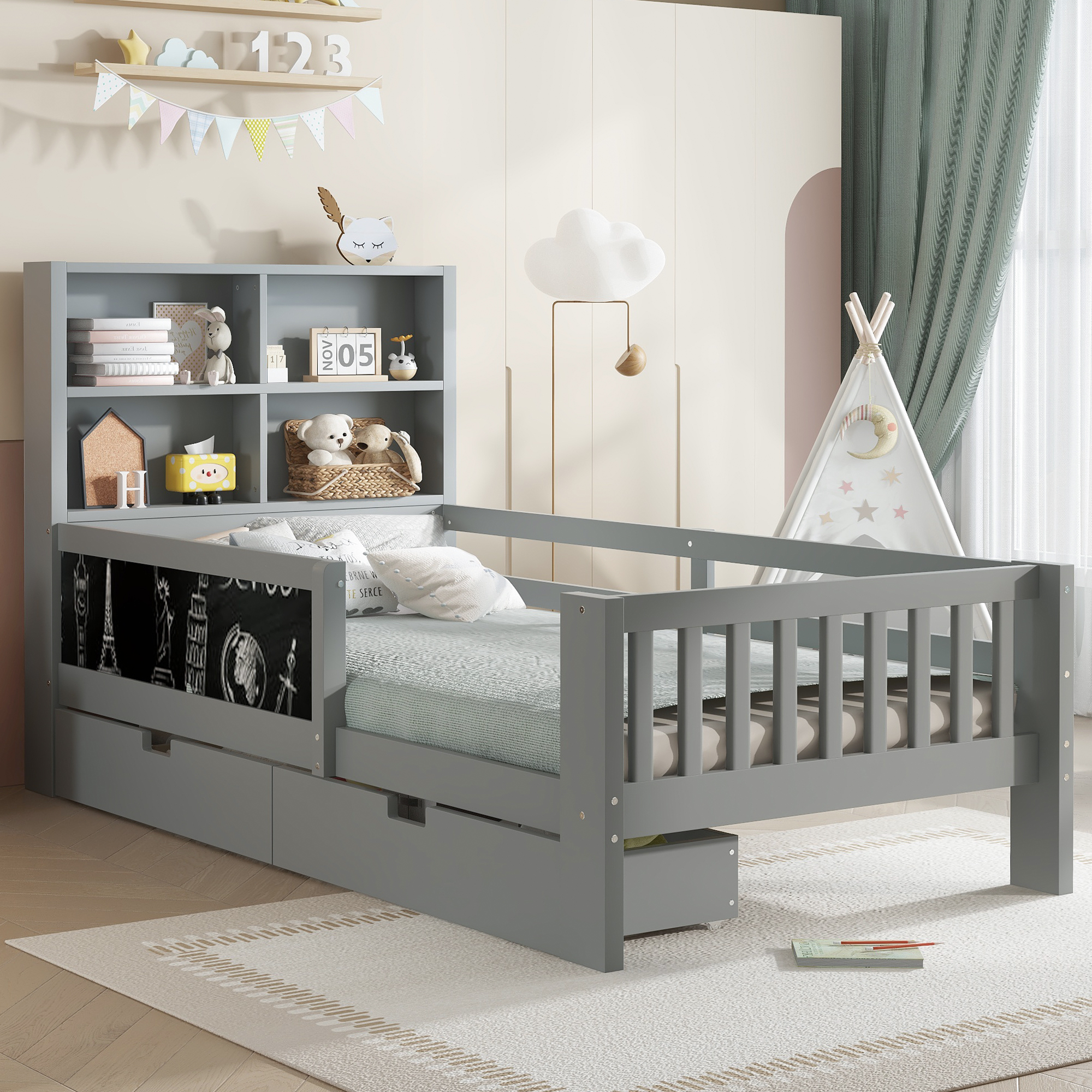 Twin Platform Bed with Chalkboard,Solid Wood Platform Bed with Storage Drawers and Shelves,Childlike Fun and Space-saving Design,Gray - Image 1