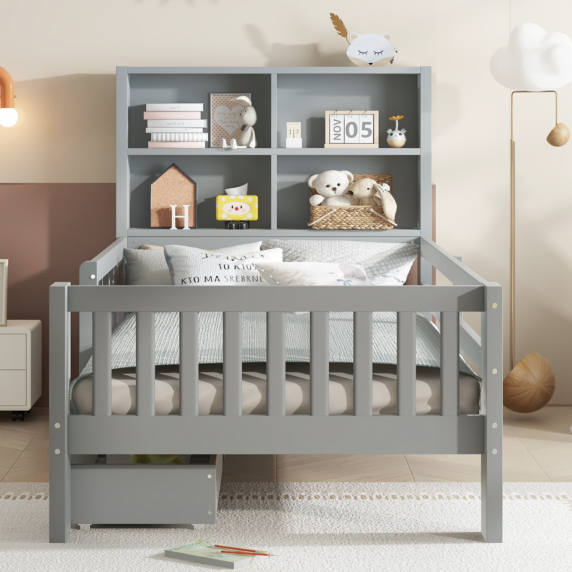 Twin Platform Bed with Chalkboard,Solid Wood Platform Bed with Storage Drawers and Shelves,Childlike Fun and Space-saving Design,Gray - Image 2