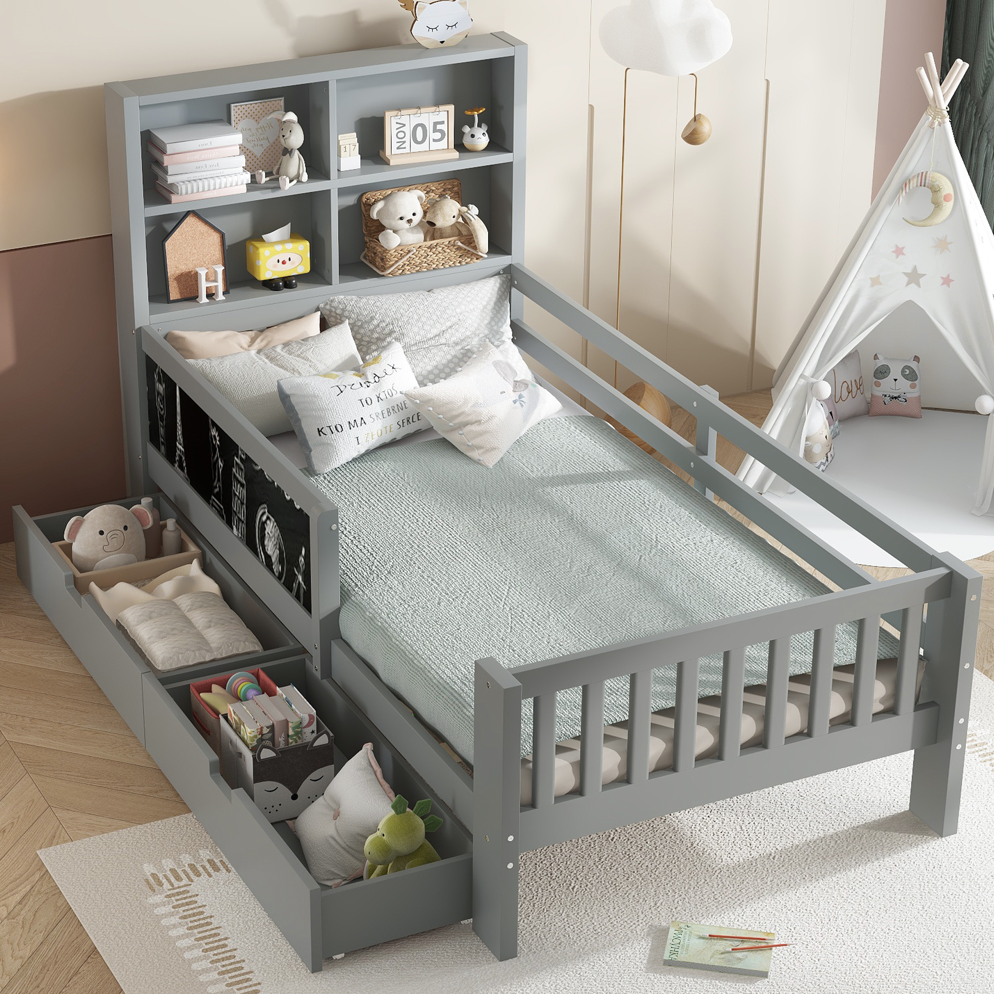Twin Platform Bed with Chalkboard,Solid Wood Platform Bed with Storage Drawers and Shelves,Childlike Fun and Space-saving Design,Gray - Image 3