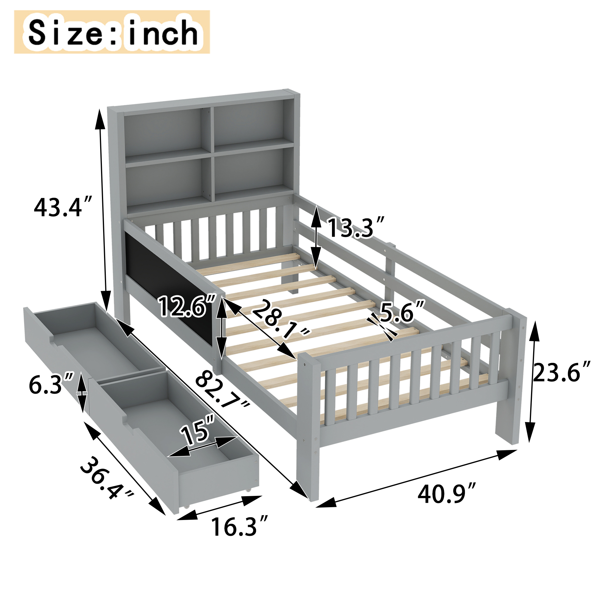 Twin Platform Bed with Chalkboard,Solid Wood Platform Bed with Storage Drawers and Shelves,Childlike Fun and Space-saving Design,Gray - Image 4