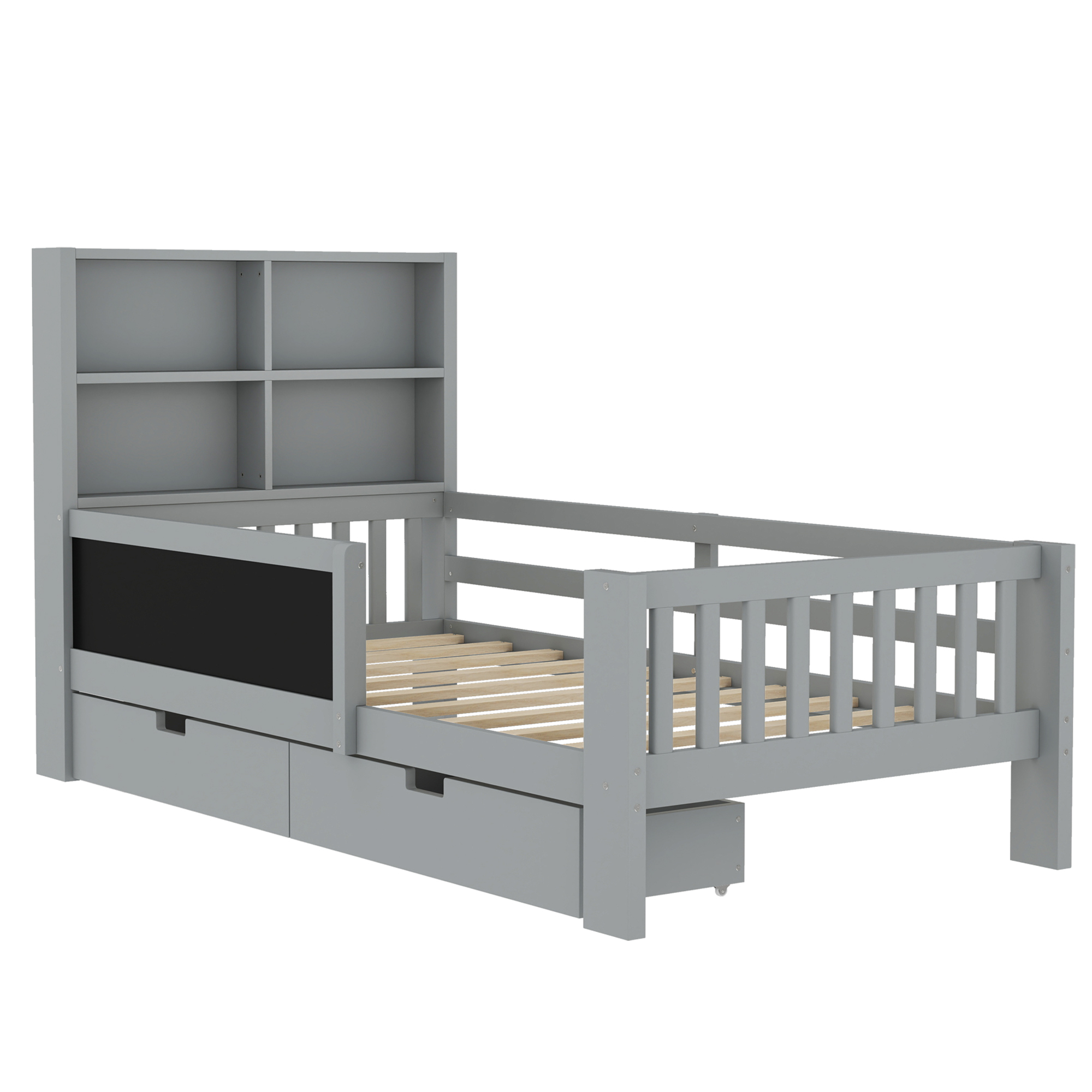 Twin Platform Bed with Chalkboard,Solid Wood Platform Bed with Storage Drawers and Shelves,Childlike Fun and Space-saving Design,Gray - Image 5