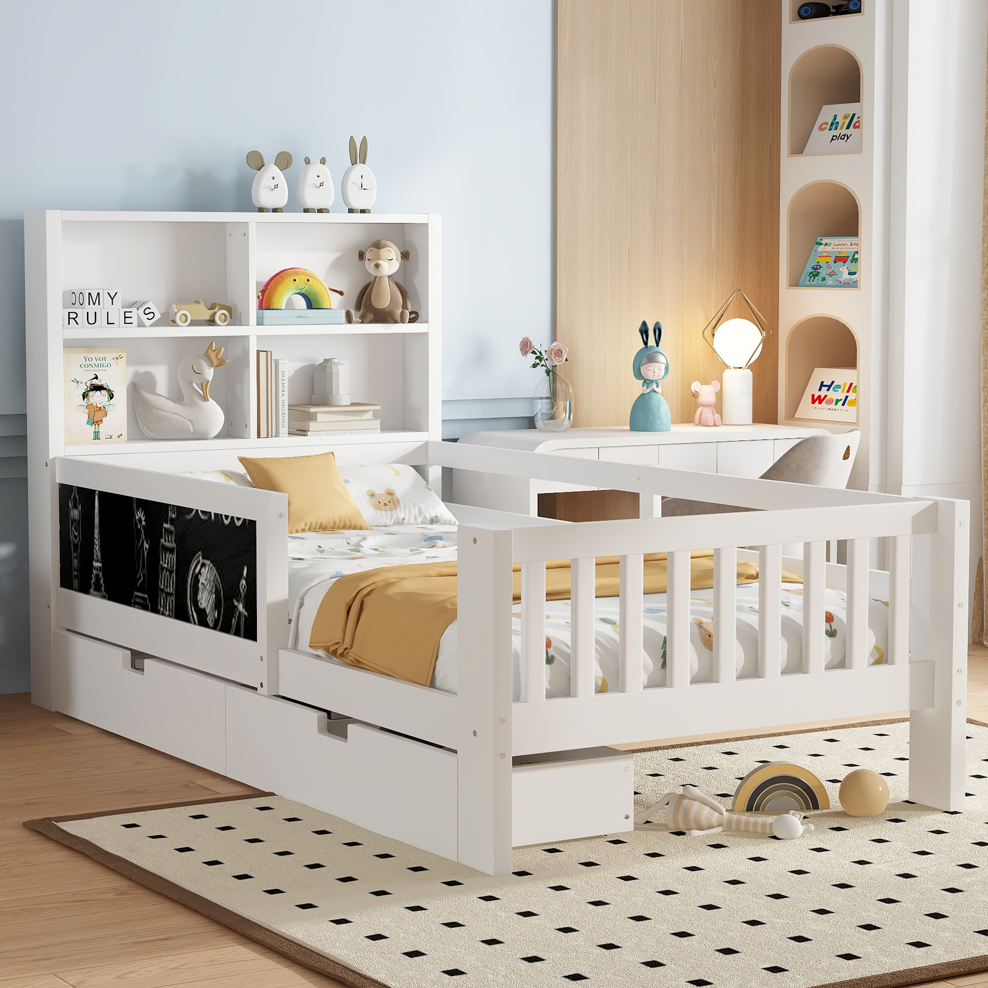 Twin Platform Bed with Chalkboard,Solid Wood Platform Bed with Storage Drawers and Shelves,Childlike Fun and Space-saving Design,White