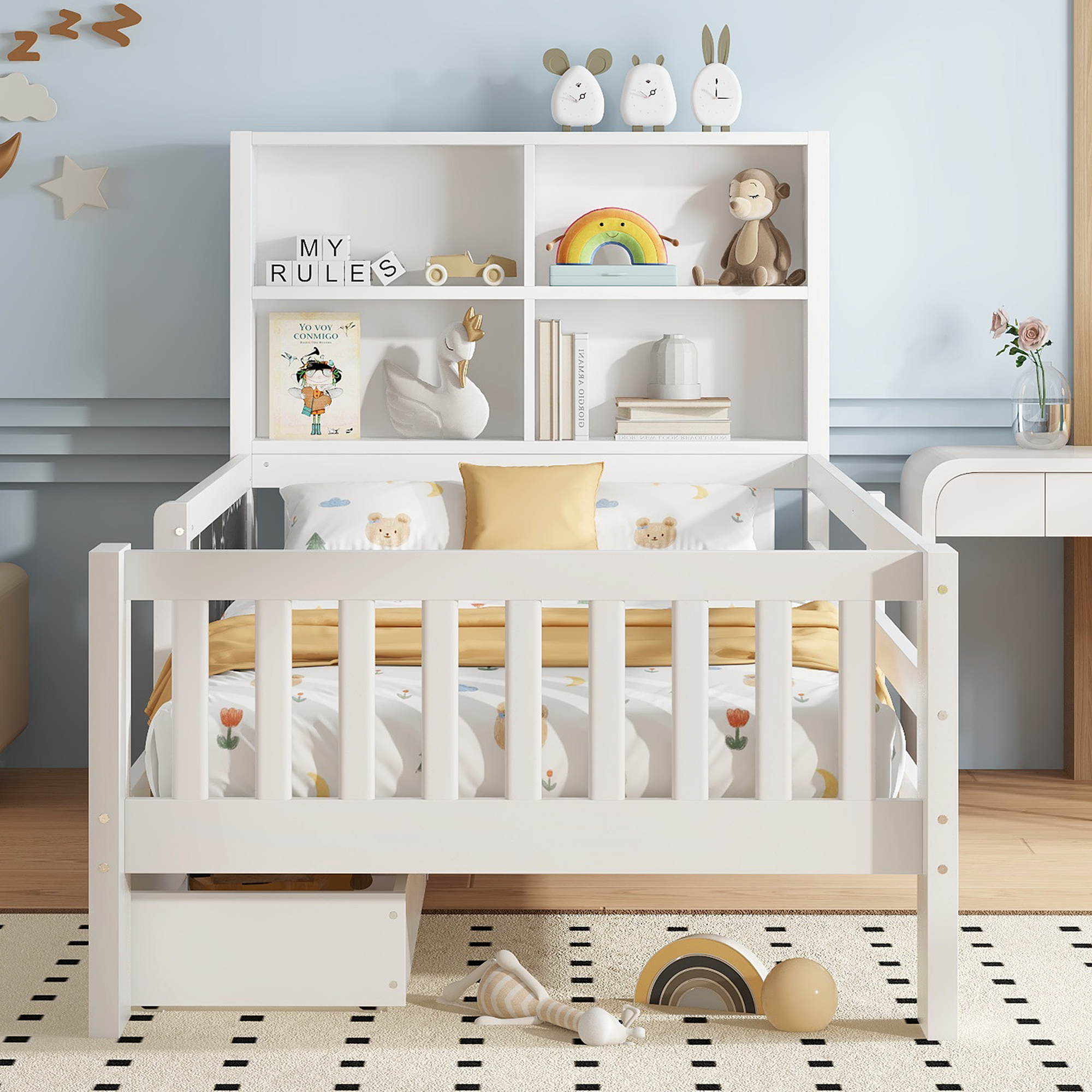 Twin Platform Bed with Chalkboard,Solid Wood Platform Bed with Storage Drawers and Shelves,Childlike Fun and Space-saving Design,White - Image 2