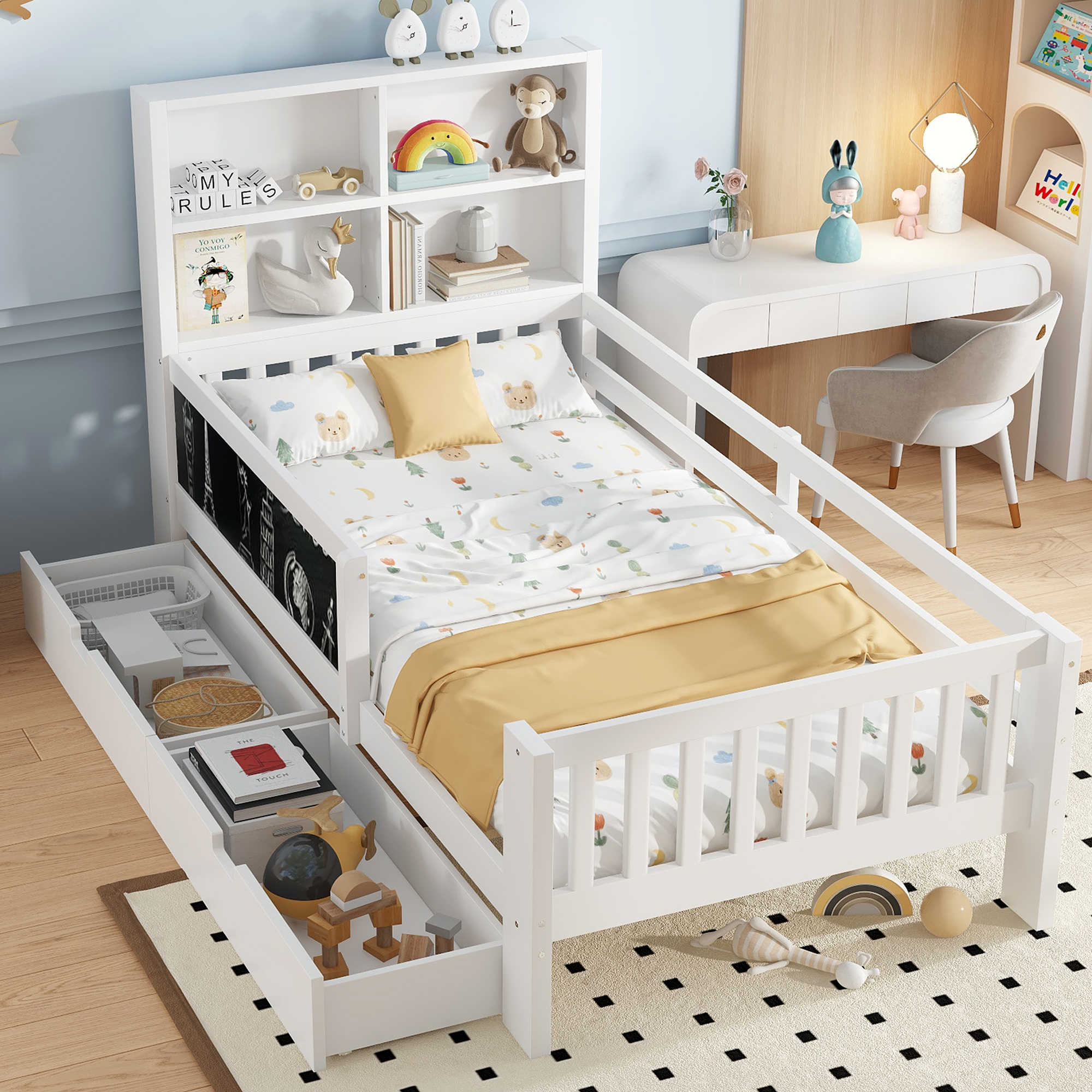 Twin Platform Bed with Chalkboard,Solid Wood Platform Bed with Storage Drawers and Shelves,Childlike Fun and Space-saving Design,White - Image 3