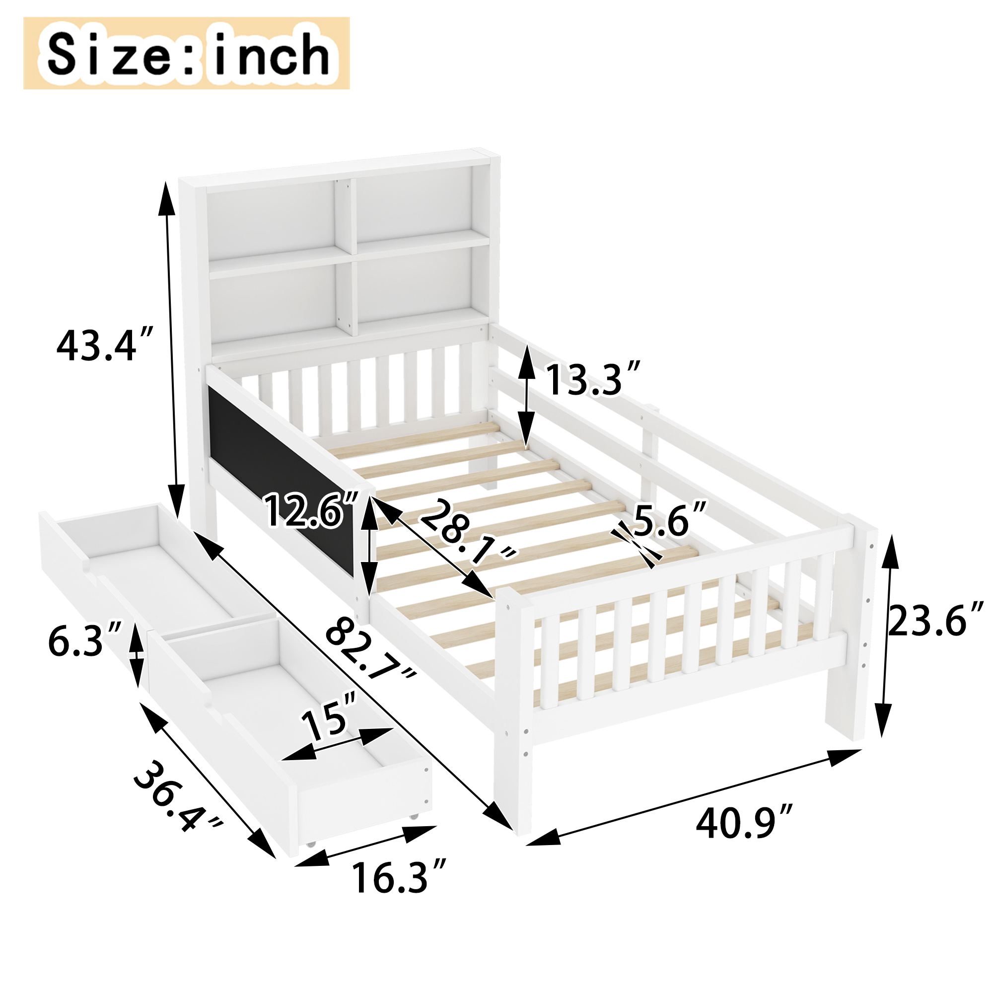 Twin Platform Bed with Chalkboard,Solid Wood Platform Bed with Storage Drawers and Shelves,Childlike Fun and Space-saving Design,White - Image 4