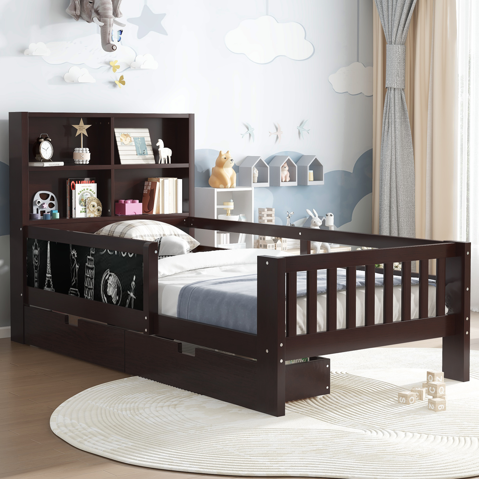 Twin Platform Bed with Chalkboard,Solid Wood Platform Bed with Storage Drawers and Shelves,Childlike Fun and Space-saving Design,Espresso
