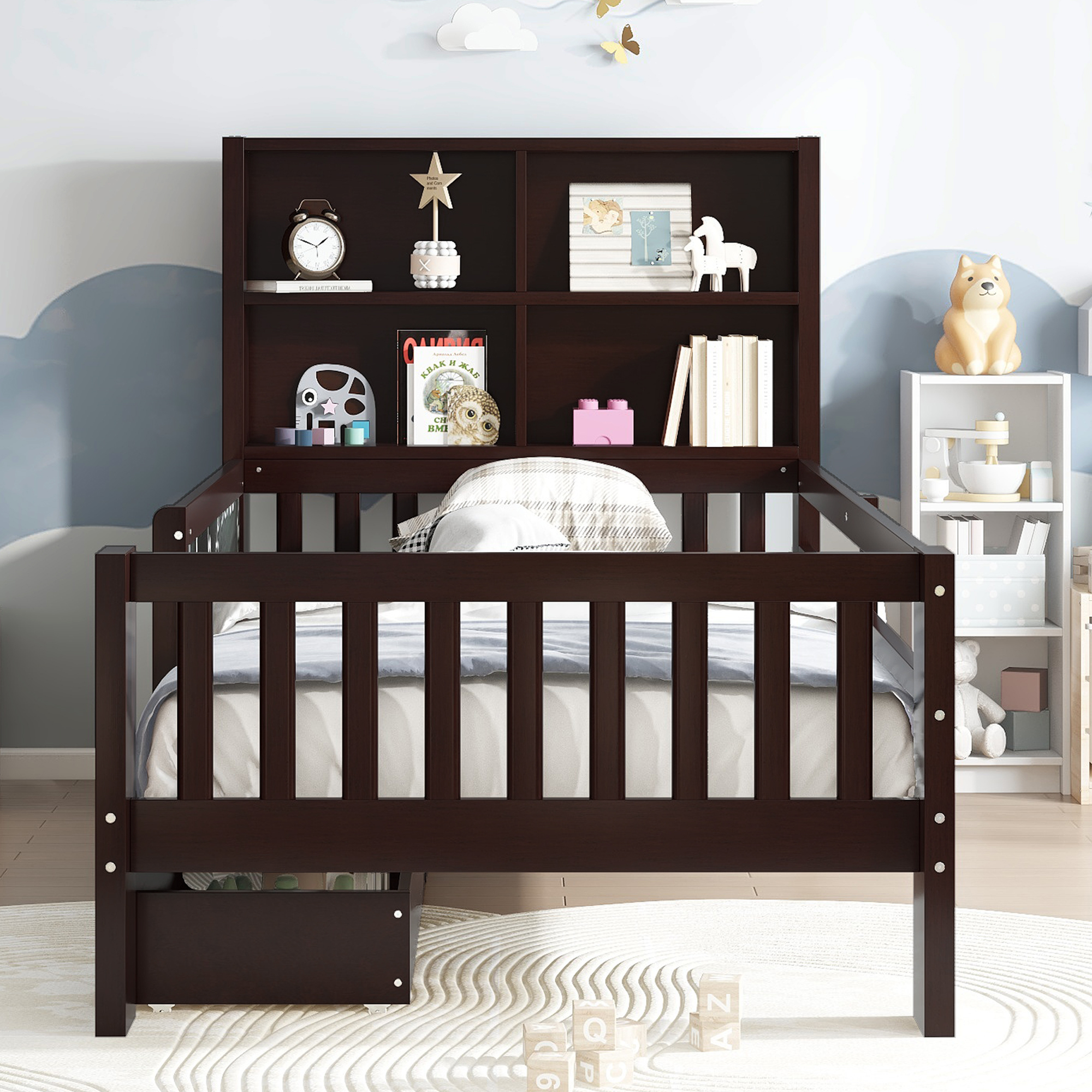 Twin Platform Bed with Chalkboard,Solid Wood Platform Bed with Storage Drawers and Shelves,Childlike Fun and Space-saving Design,Espresso - Image 2
