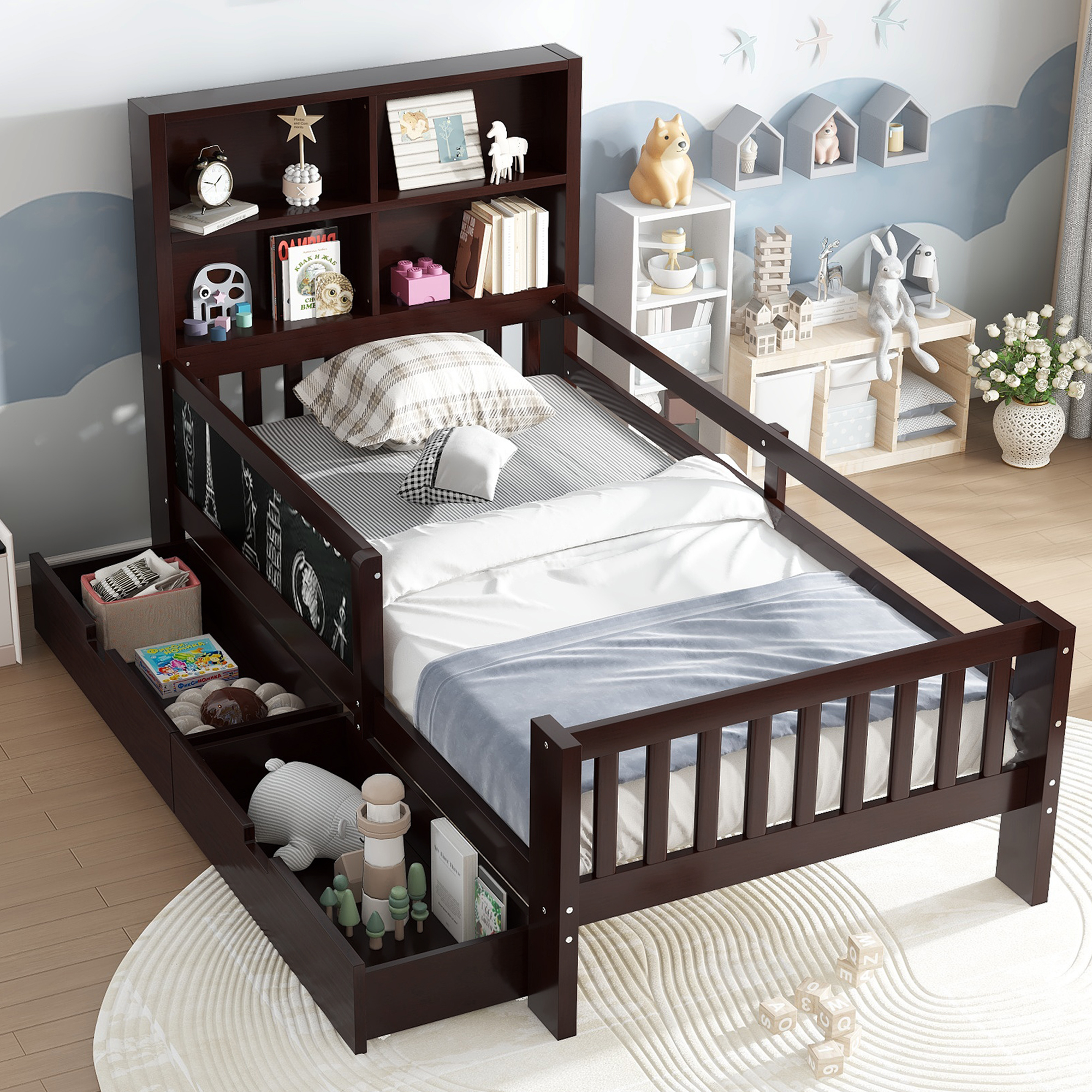 Twin Platform Bed with Chalkboard,Solid Wood Platform Bed with Storage Drawers and Shelves,Childlike Fun and Space-saving Design,Espresso - Image 3